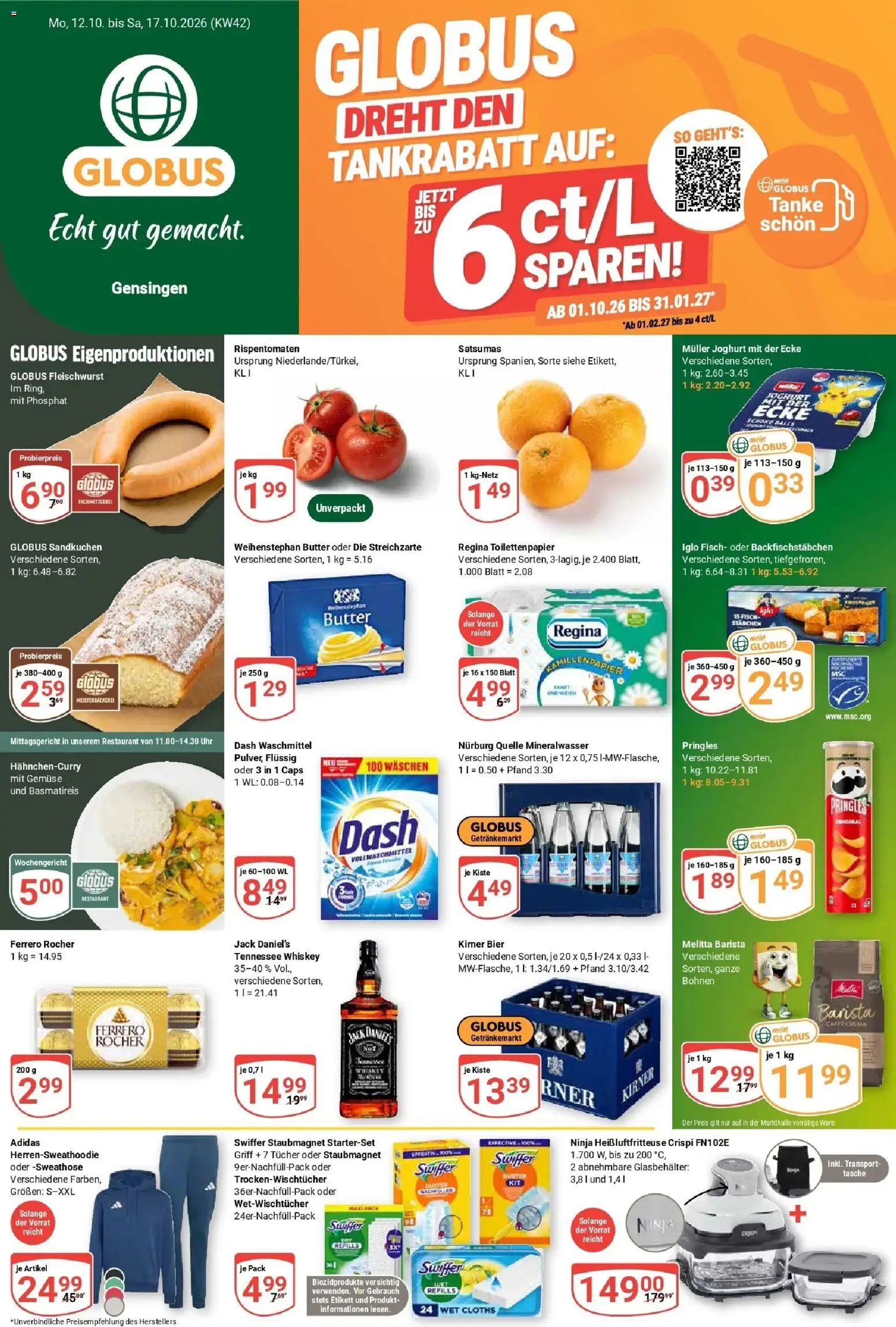 Globus Prospekt Gensingen (ab 12.10.2026) » Angebote online | Seite: 1 | Produkte: Sweathose, Mineralwasser, Waschmittel, Pringles