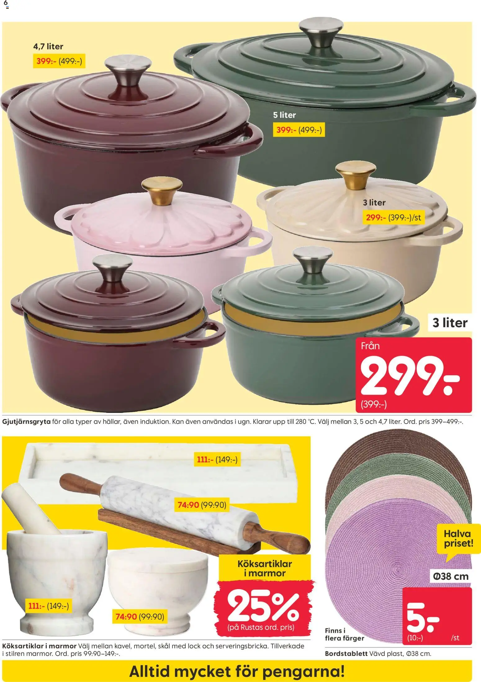 Rusta reklamblad aktuell från 07/09/2026 | Sida: 6 | Produkter: Gjutjärnsgryta, Bordstablett, Lock
