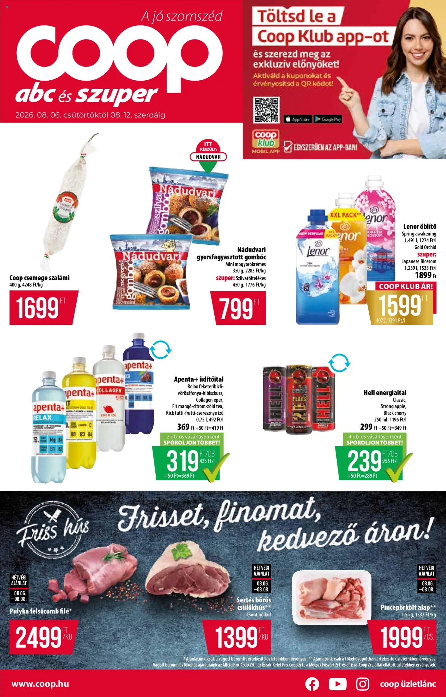 COOP akciós ujság - amely érvényes a következő dátumtól: 2026.08.06. | Oldal: 1 | Termékek: Energiaital, Hús, Szalámi, Eper