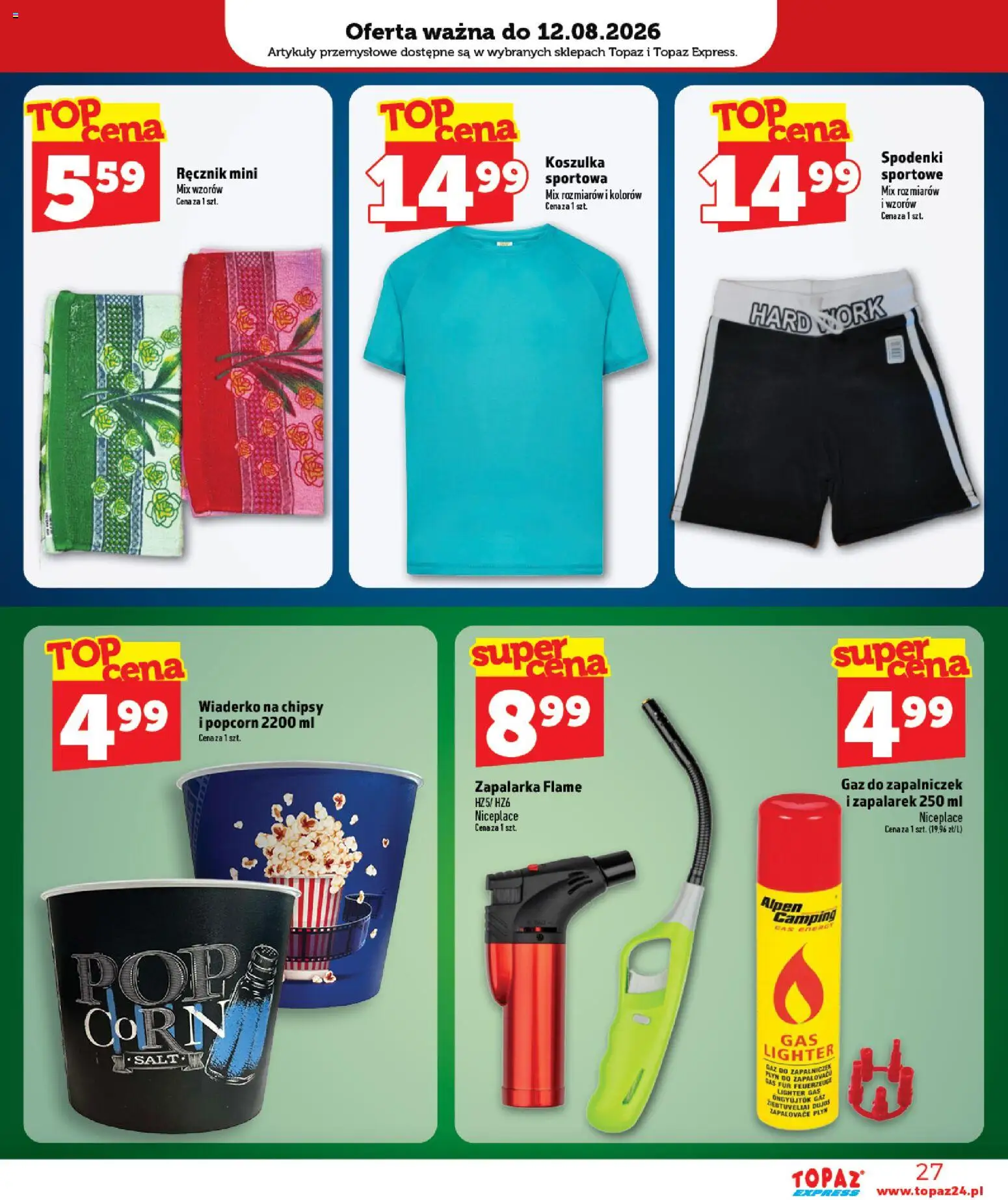 Topaz gazetka - Express od 06.08.2026 | Strona: 27 | Produkty: Spodenki, Chipsy, Artykuły przemysłowe, Popcorn