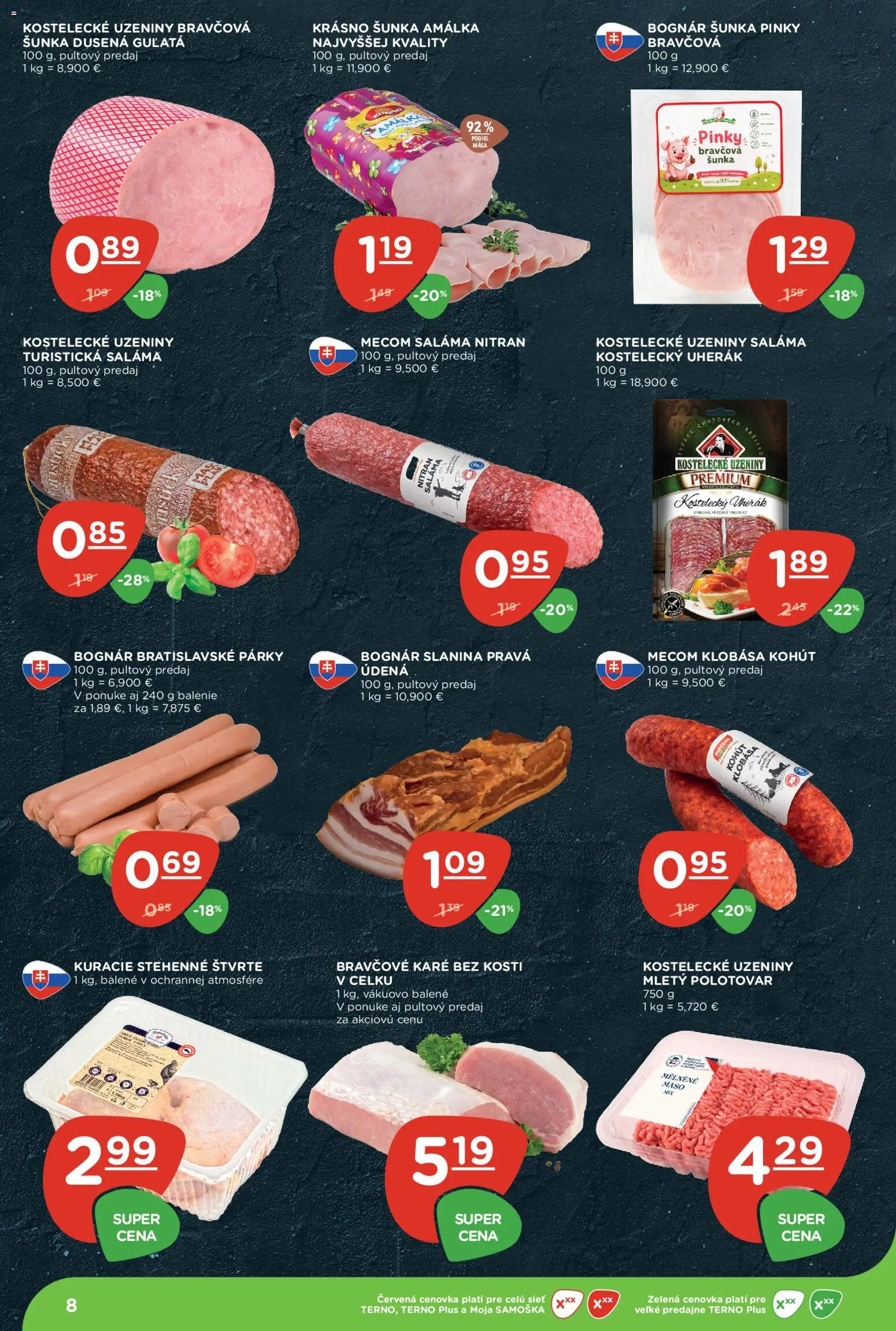 Nové Terno akcie – leták je platný od 16.07.2026 | Strana: 8 | Produkty: Šunka, Klobása, Mäso, Párky