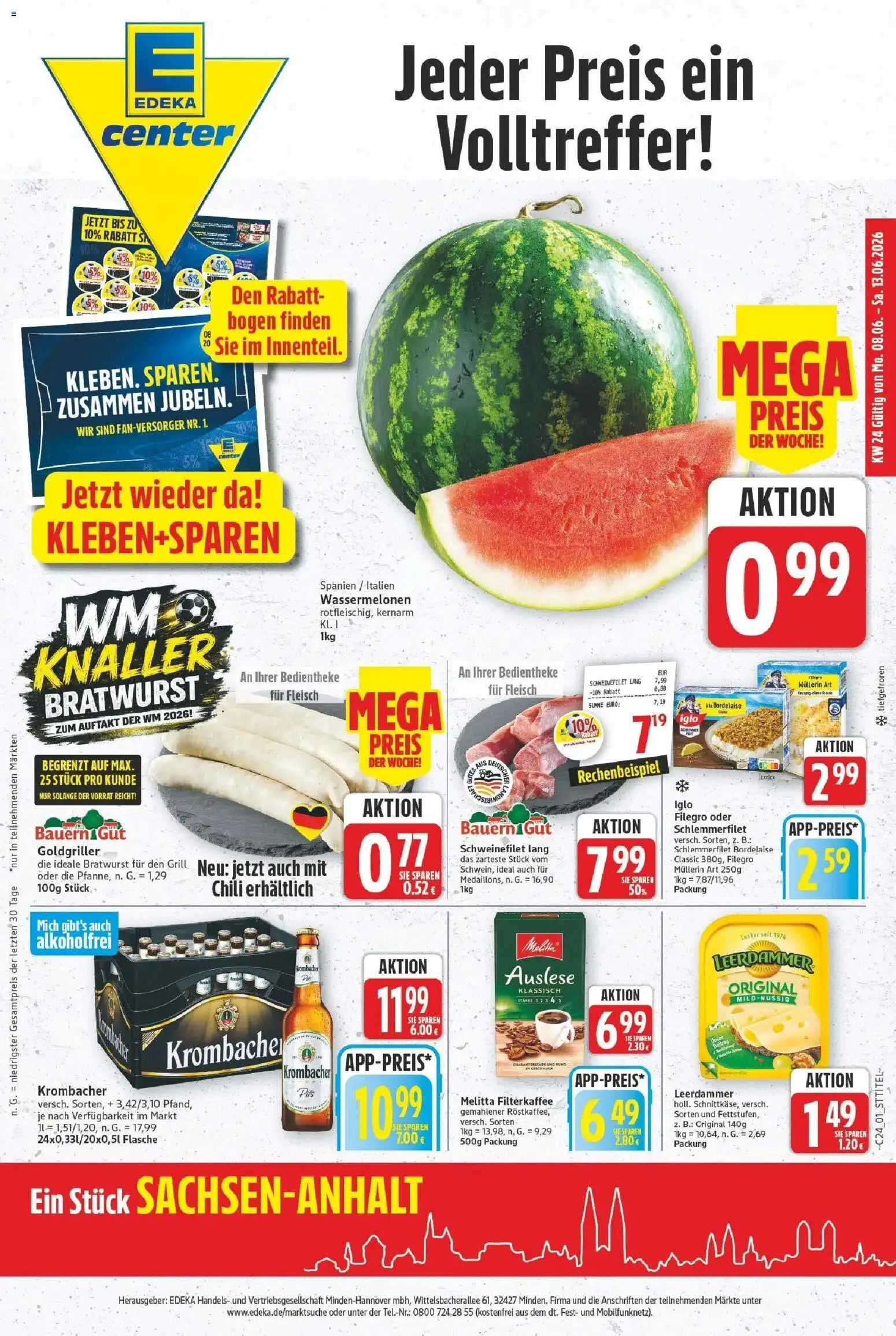 E center Prospekt Bitterfeld-Wolfen – gültig ab 08.06.2026 | Seite: 1 | Produkte: Melitta, Bratwurst, Chili, Fleisch