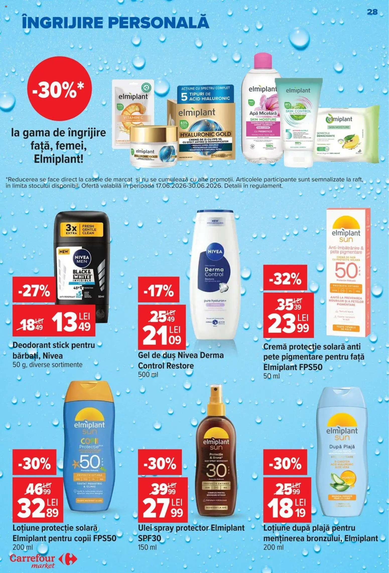Noul catalog Carrefour – valabil de la 17.06.2026 | Pagină: 27 | Produse: Cremă de zi, Ulei, Protecție solară, Loțiune protecție solară