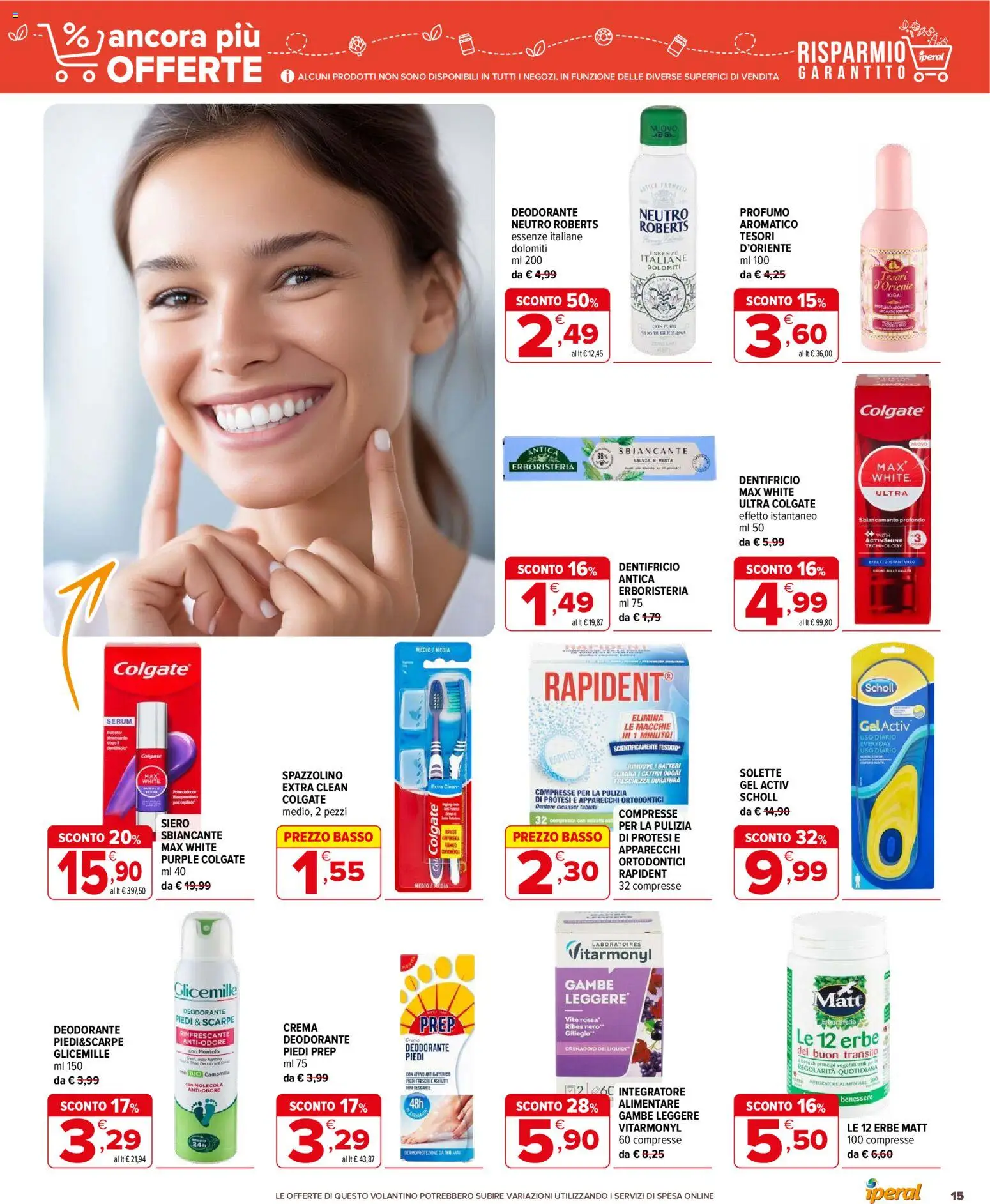 Volantino Iperal del 15/07/2026 | Pagina: 15 | Prodotti: Deodorante, Dentifricio, Spazzolino, Scarpe