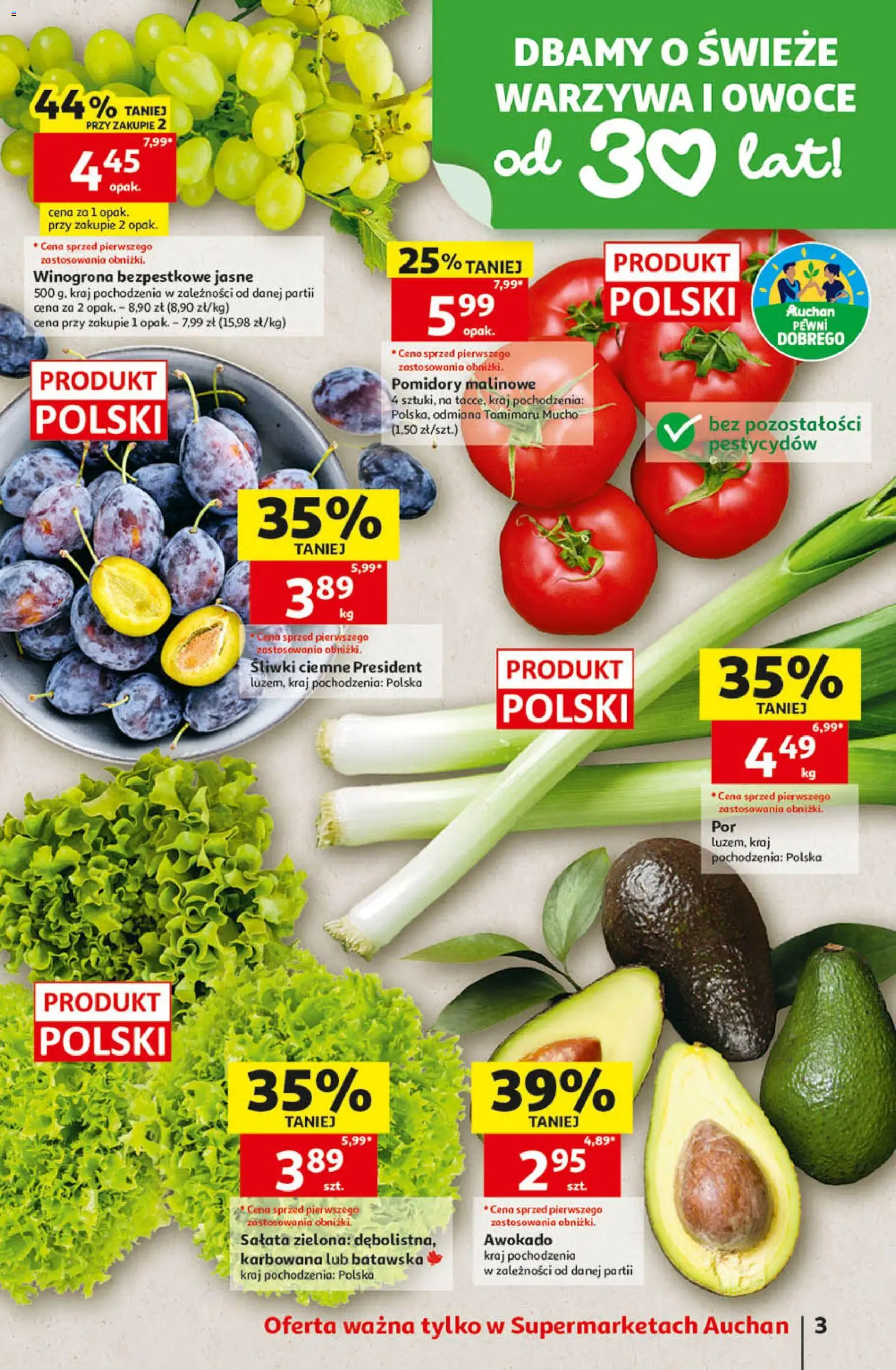 Auchan gazetka od 17.09.2026 | Strona: 3 | Produkty: Winogrona bezpestkowe, Śliwki, Pomidory, Warzywa