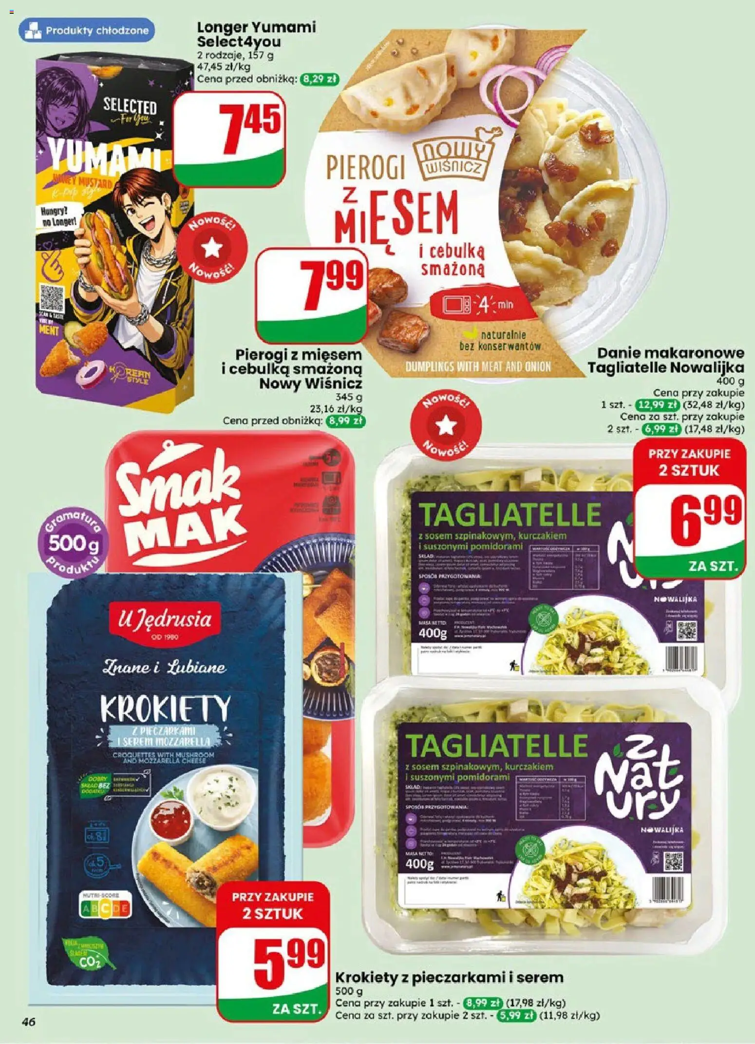 Dino gazetka od 19.08.2026 | Strona: 46 | Produkty: Pierogi z mięsem, Krokiety, Tagliatelle, Mozzarella