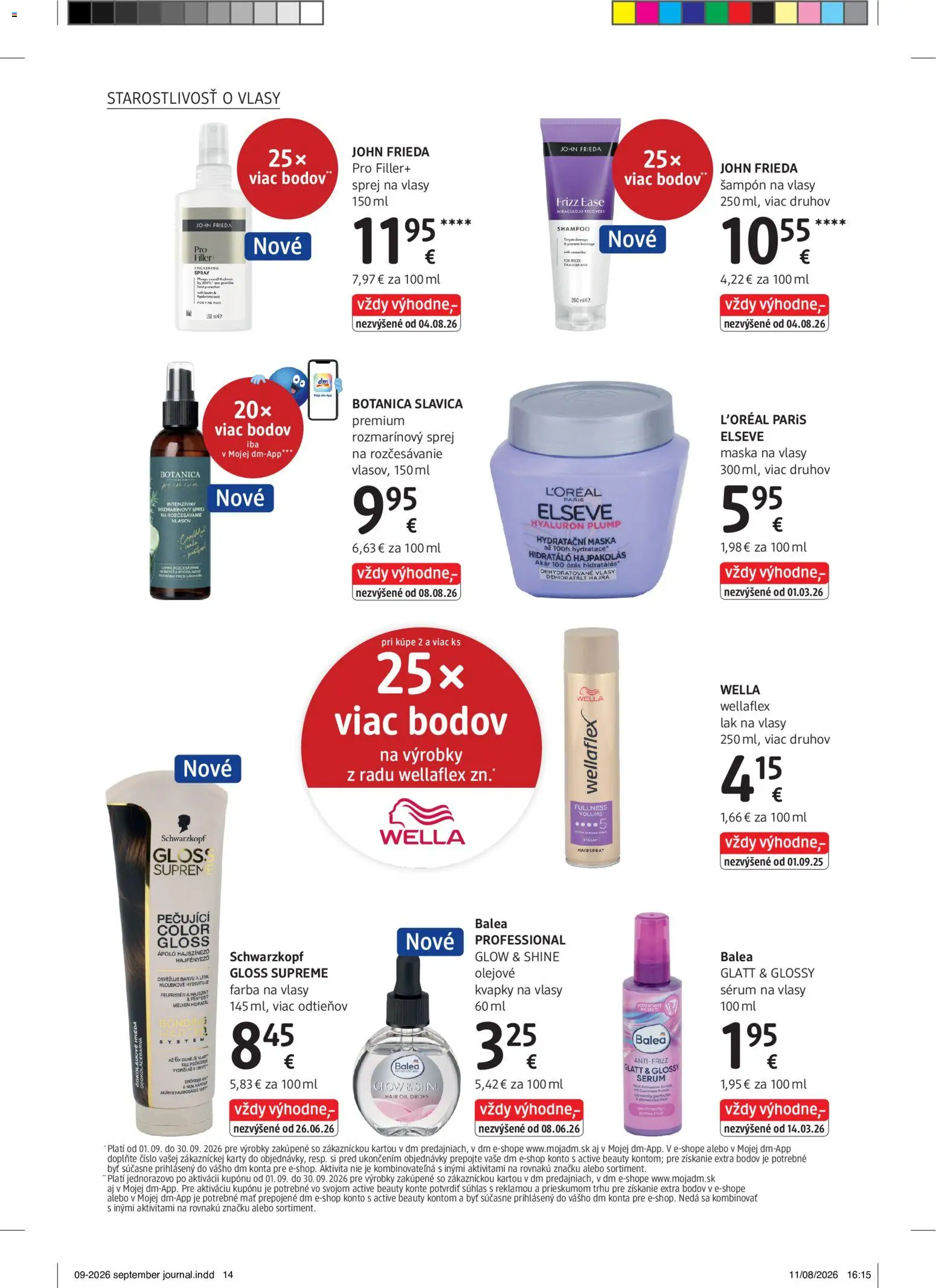 Nové dm drogerie akcie – leták je platný od 01.09.2026 | Strana: 14 | Produkty: Šampón, Lak na vlasy, Farba na vlasy, Maska