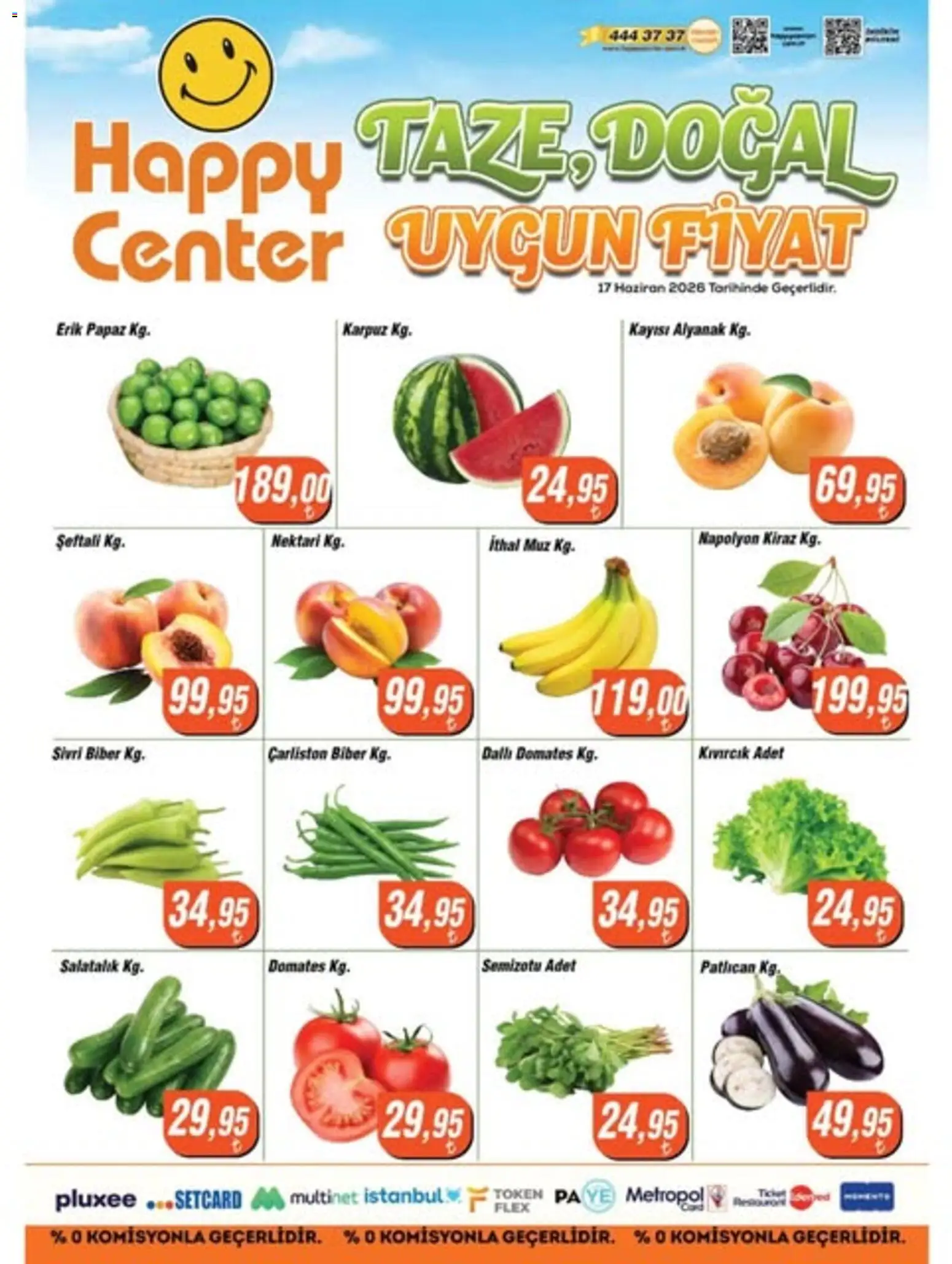 Happy Center - Manav - 17.06.2026 tarihinden itibaren geçerlidir | Sayfa: 1 | Ürünler: Domates, Muz, Karpuz, Kiraz