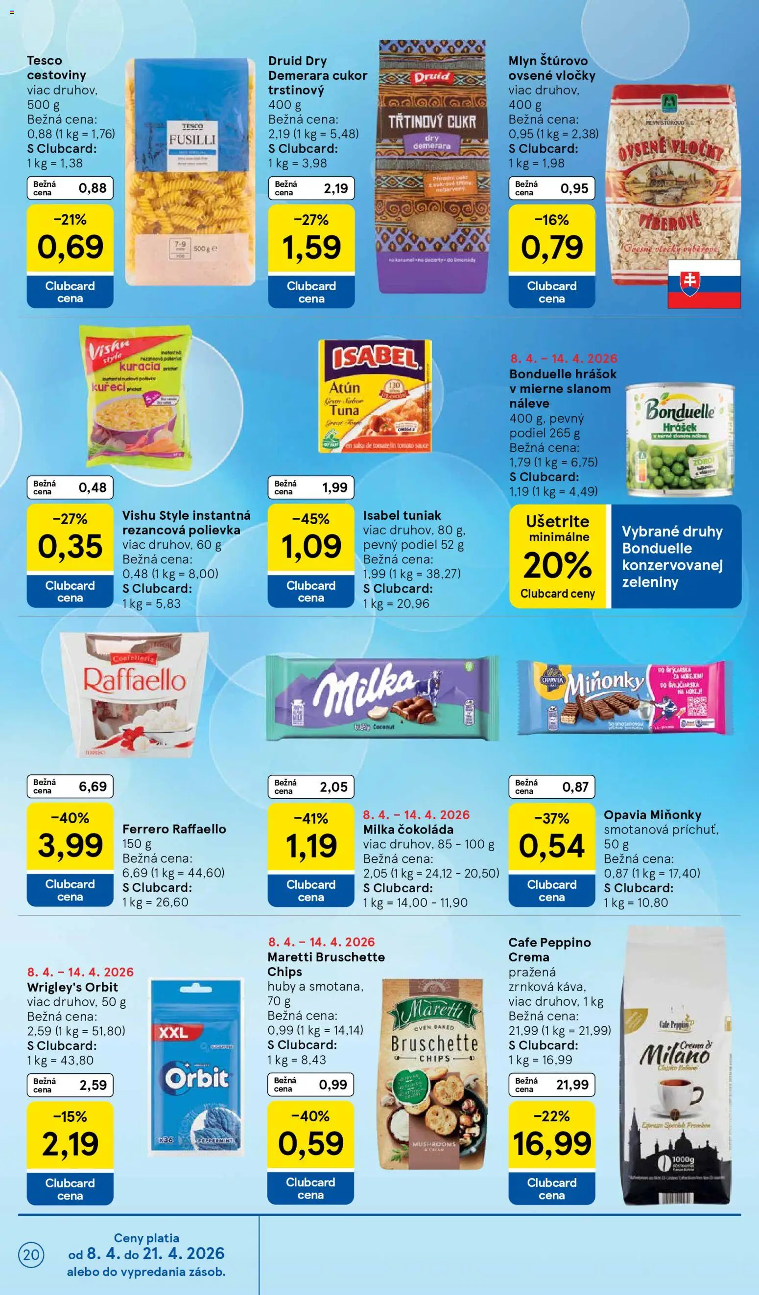 Nové Tesco akcie – leták je platný od 08.04.2026 | Strana: 20 | Produkty: Fusilli, Hrášok, Cukor, Milka