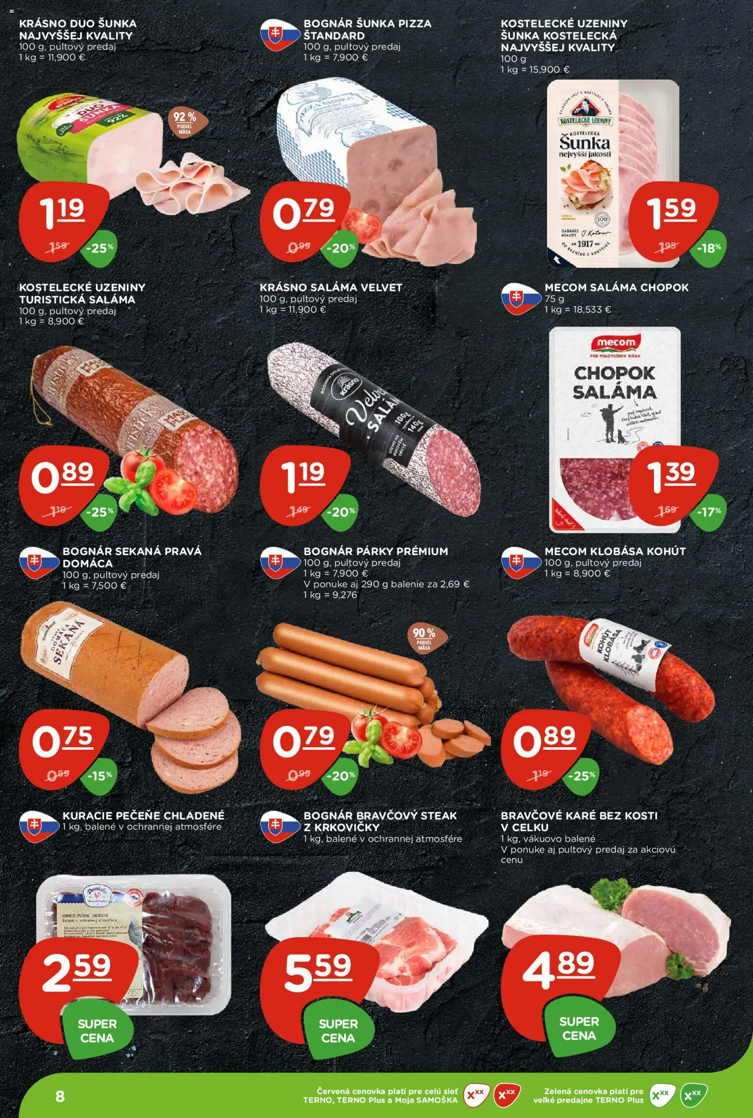 Nové Terno akcie – leták je platný od 08.10.2026 | Strana: 8 | Produkty: Saláma, Párky, Steak, Bravčové karé