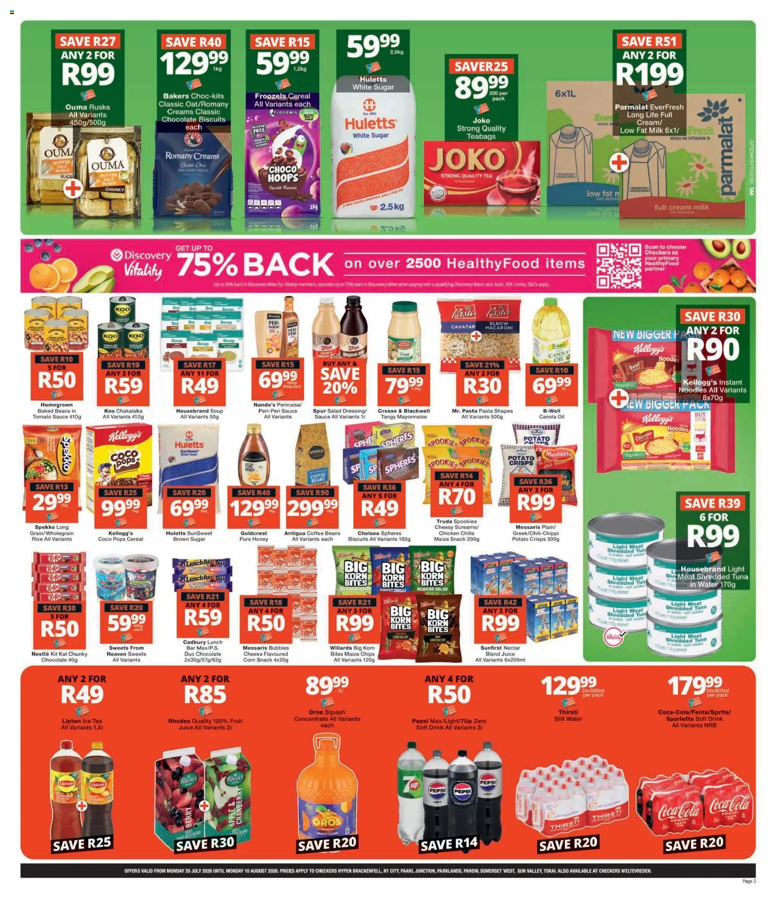 New Checkers catalogue – valid from 20/07/2026 | Page: 3 | Products: Baked beans, Milk, Rusks, Pasta