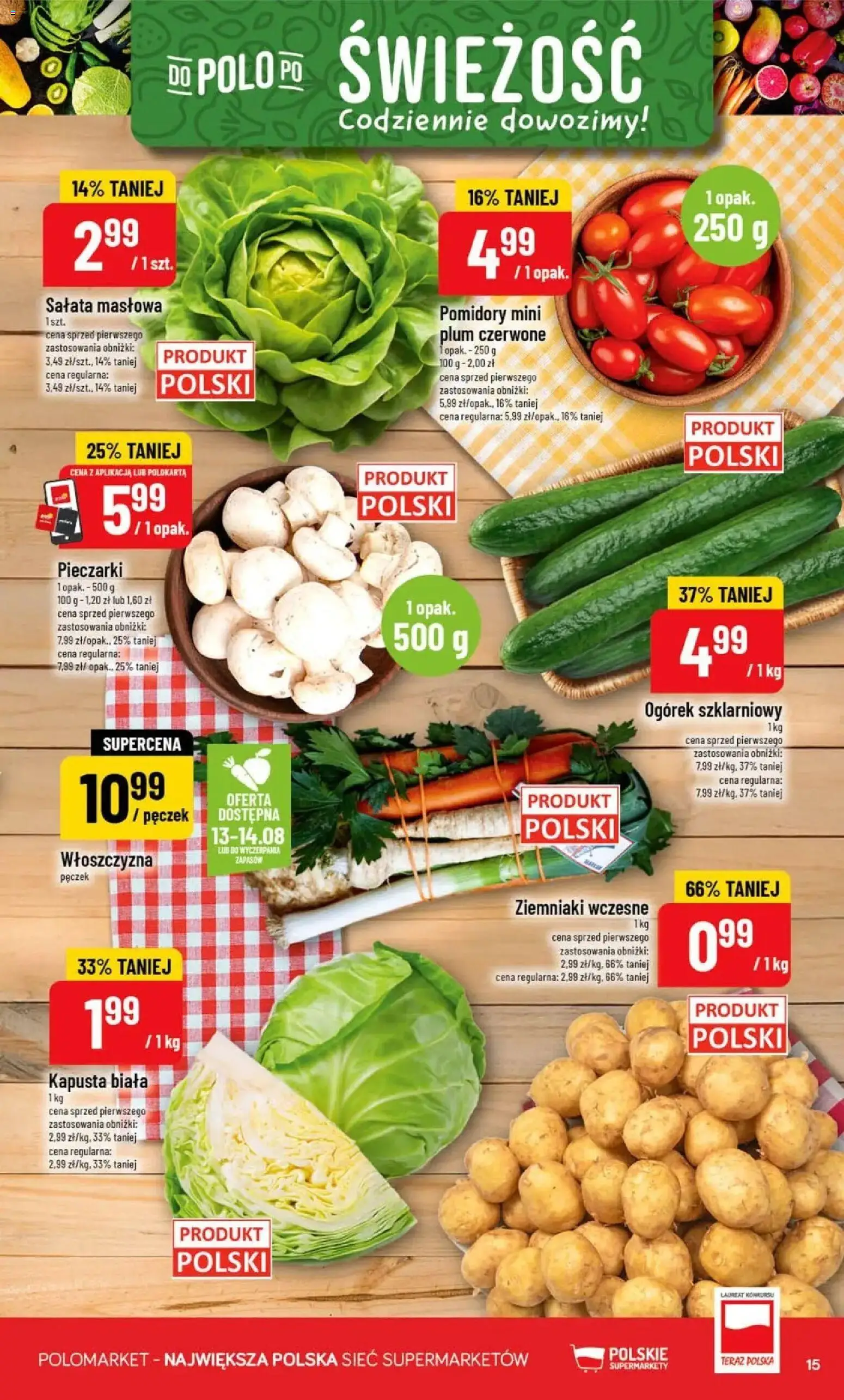 Nowa POLOmarket gazetka od jutra 12.08.2026 | Strona: 15 | Produkty: Włoszczyzna, Sałata, Ogórek, Ogórek szklarniowy