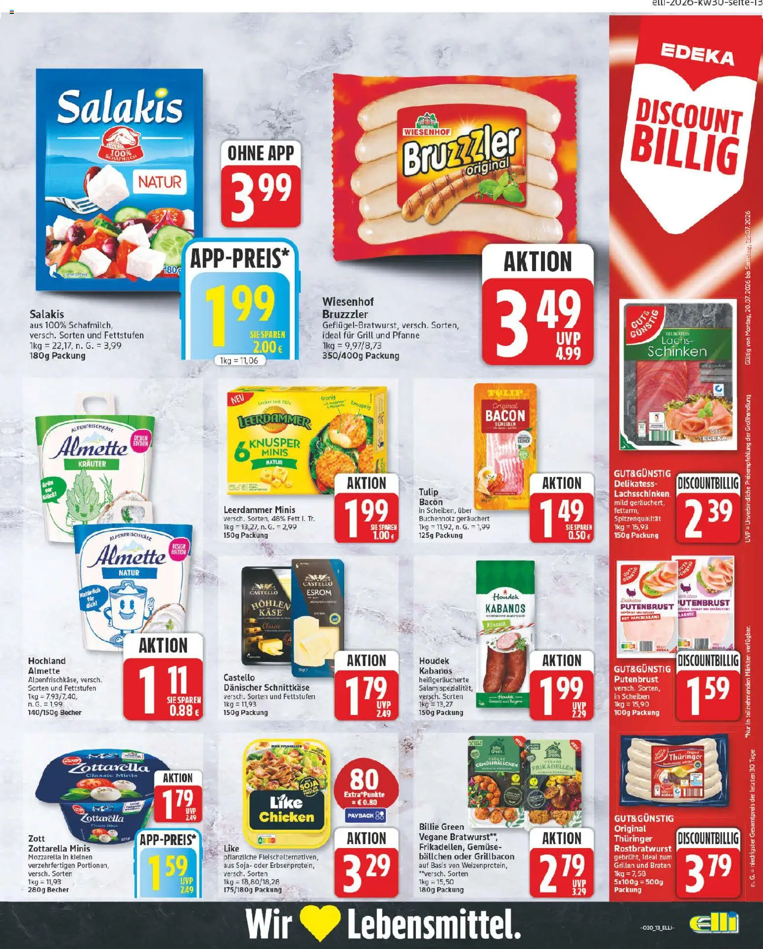 Elli Markt Prospekt – gültig ab 20.07.2026 | Seite: 13 | Produkte: Mozzarella, Bratwurst, Gemüse, Salakis