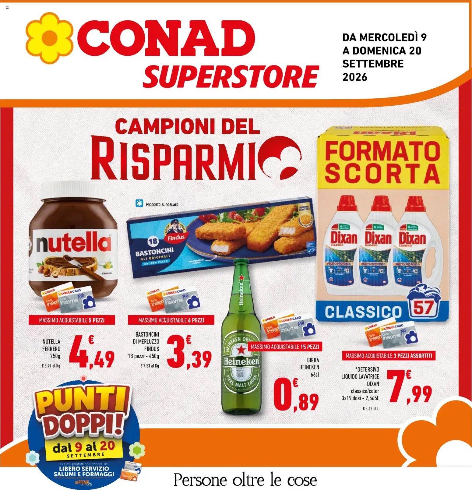 Volantino Conad del 09/09/2026 | Pagina: 1 | Prodotti: Merluzzo, Birra Heineken, Lavatrice, Heineken
