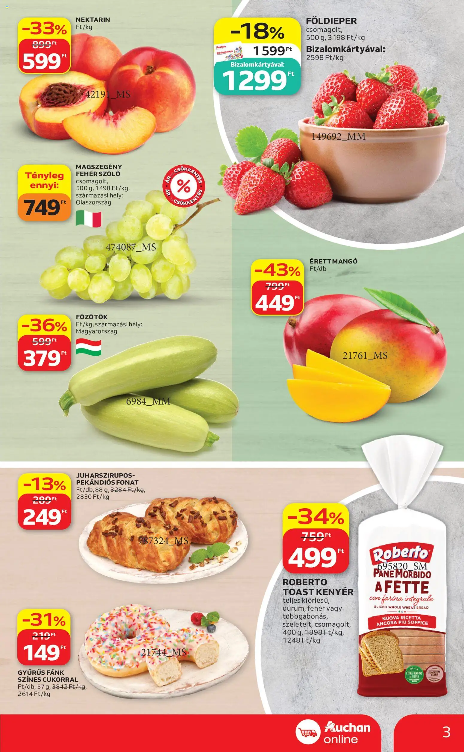 Auchan akciós ujság - amely érvényes a következő dátumtól: 2026.07.30. | Oldal: 3 | Termékek: Fánk, Kenyér, Toast kenyér, Mangó