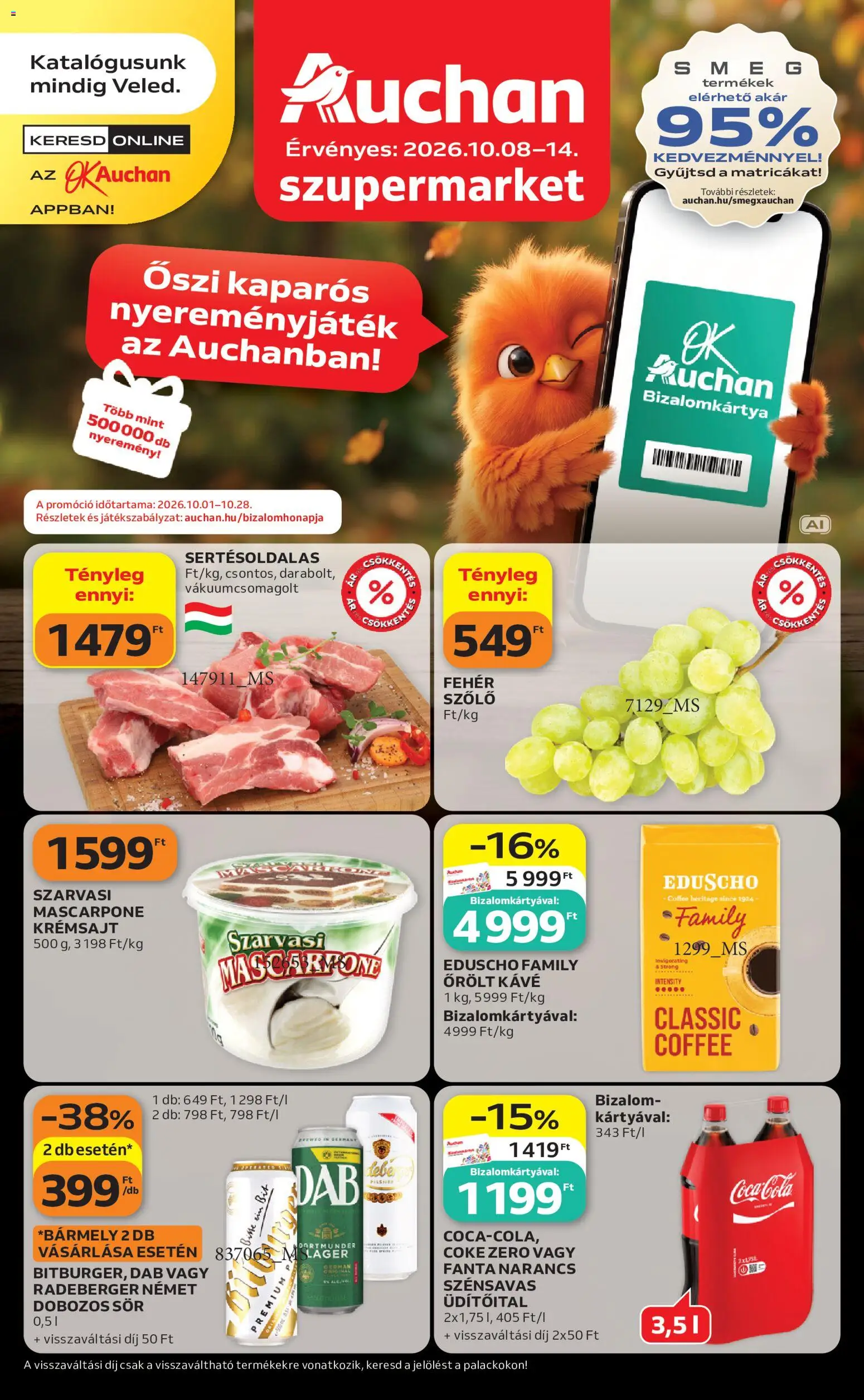 Auchan akciós ujság - amely érvényes a következő dátumtól: 2026.10.08. | Oldal: 1 | Termékek: Fanta, Szarvasi Mascarpone, Kávé, Dobozos sör