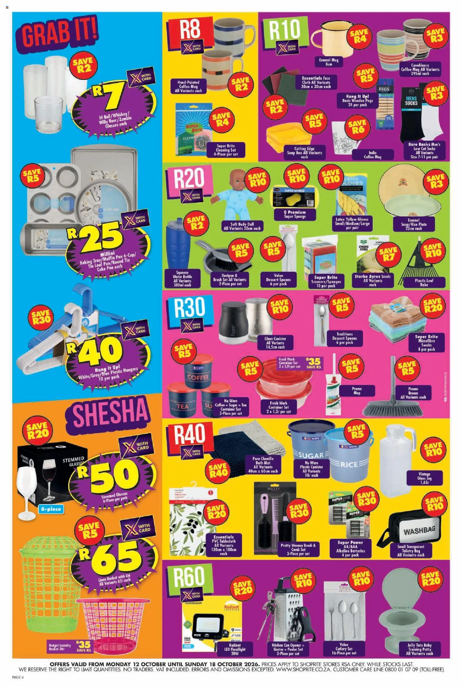New Shoprite catalogue – valid from 12/10/2026 | Page: 4 | Products: Cake, Broom, Water, Sugar