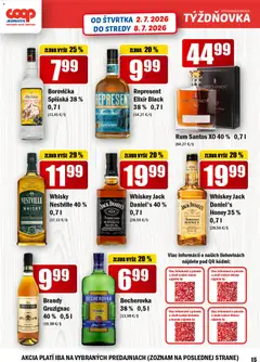 COOP Jednota leták platný od 02.07.2026 | Strana: 15 | Produkty: Becherovka, Borovička, Whisky, Jack Daniel's