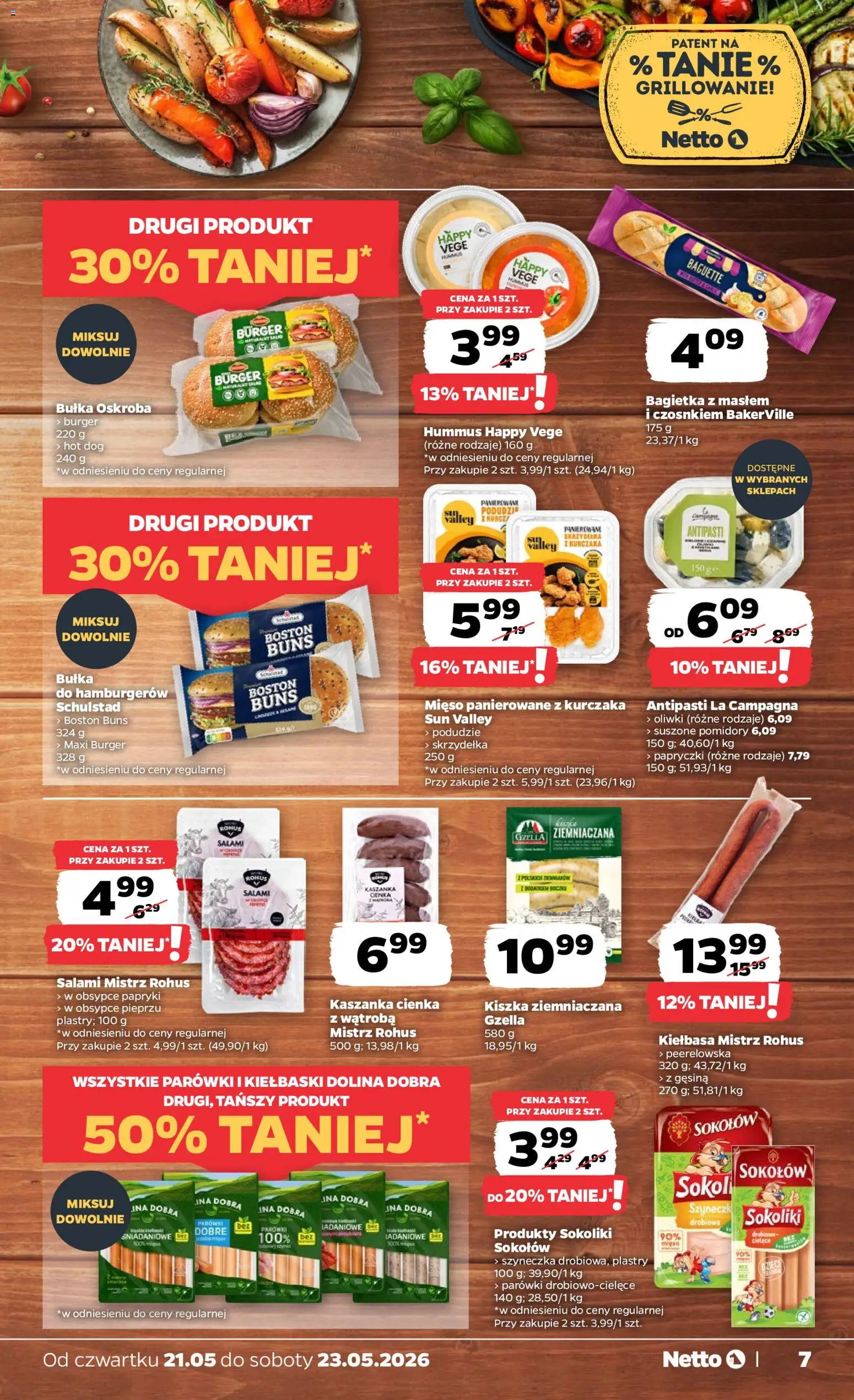 Netto gazetka od czwartku spożywcza od 21.05.2026 | Strona: 7 | Produkty: Mięso, Suszone pomidory, Bułka, Hummus