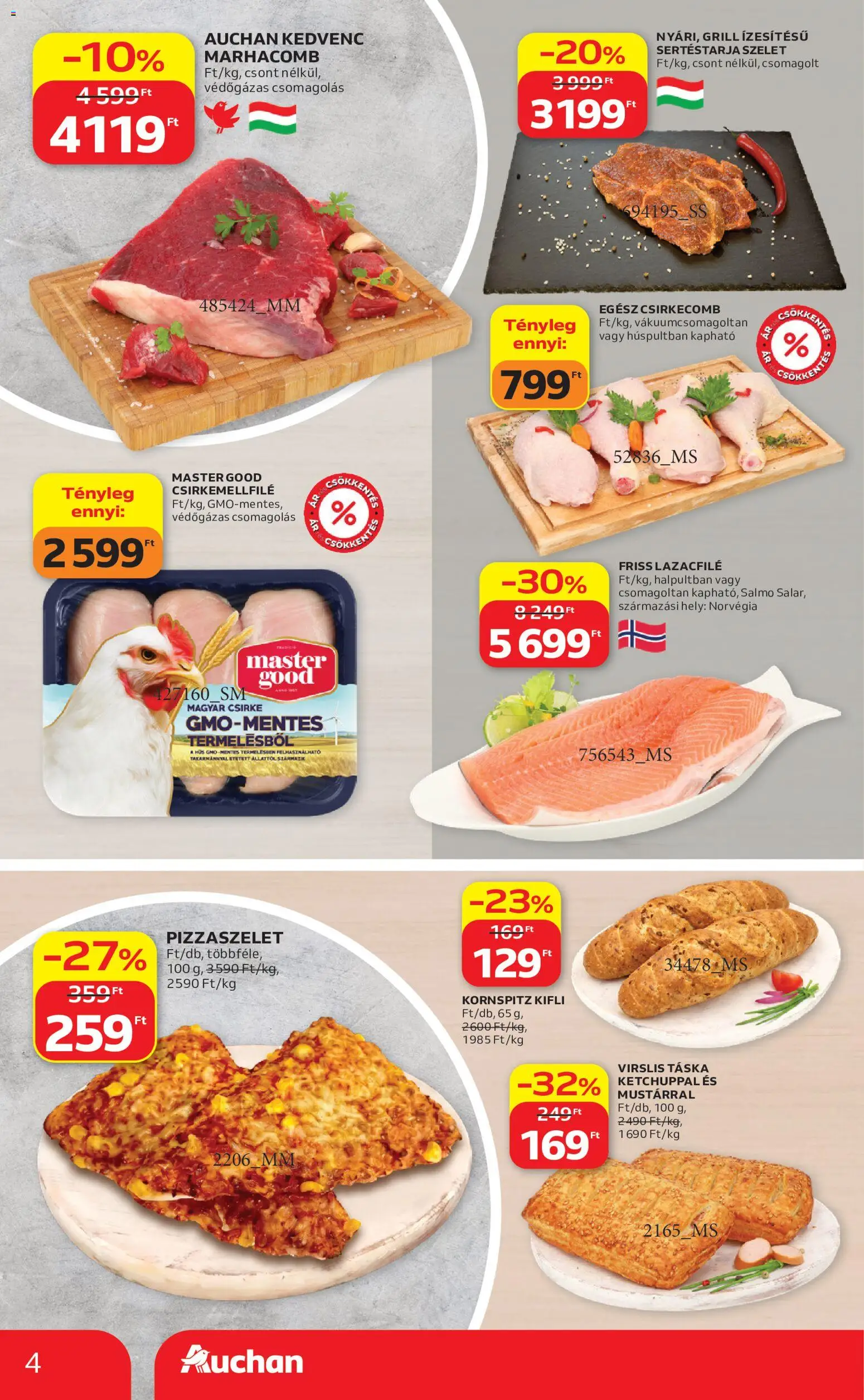 Auchan akciós ujság - amely érvényes a következő dátumtól: 04.06.2026 | Oldal: 4 | Termékek: Sertéstarja, Hús, Kifli, Lazacfilé