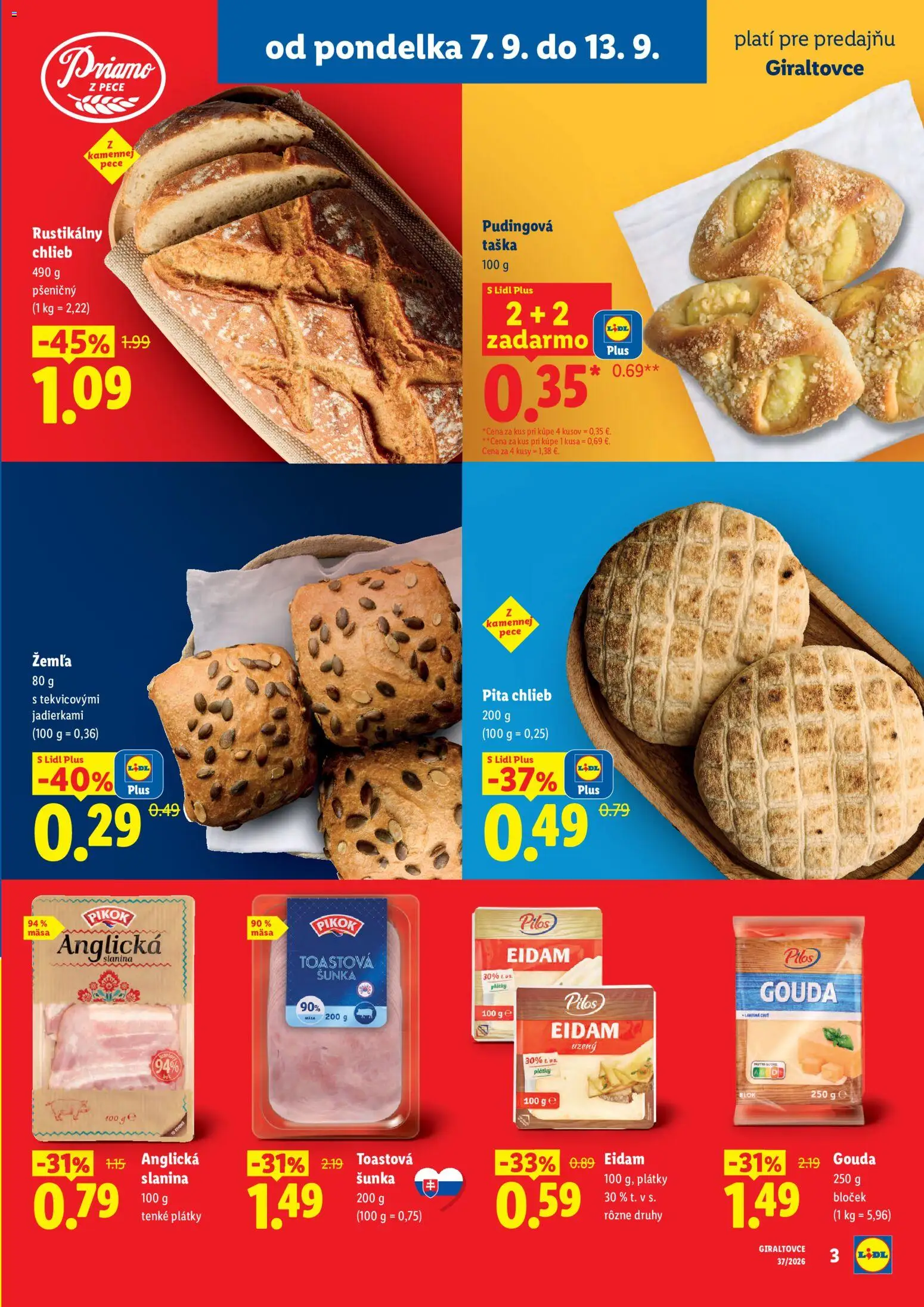 Nové Lidl akcie – leták je platný od 07.09.2026 | Strana: 3 | Produkty: Pita chlieb, Slanina, Eidam, Taška