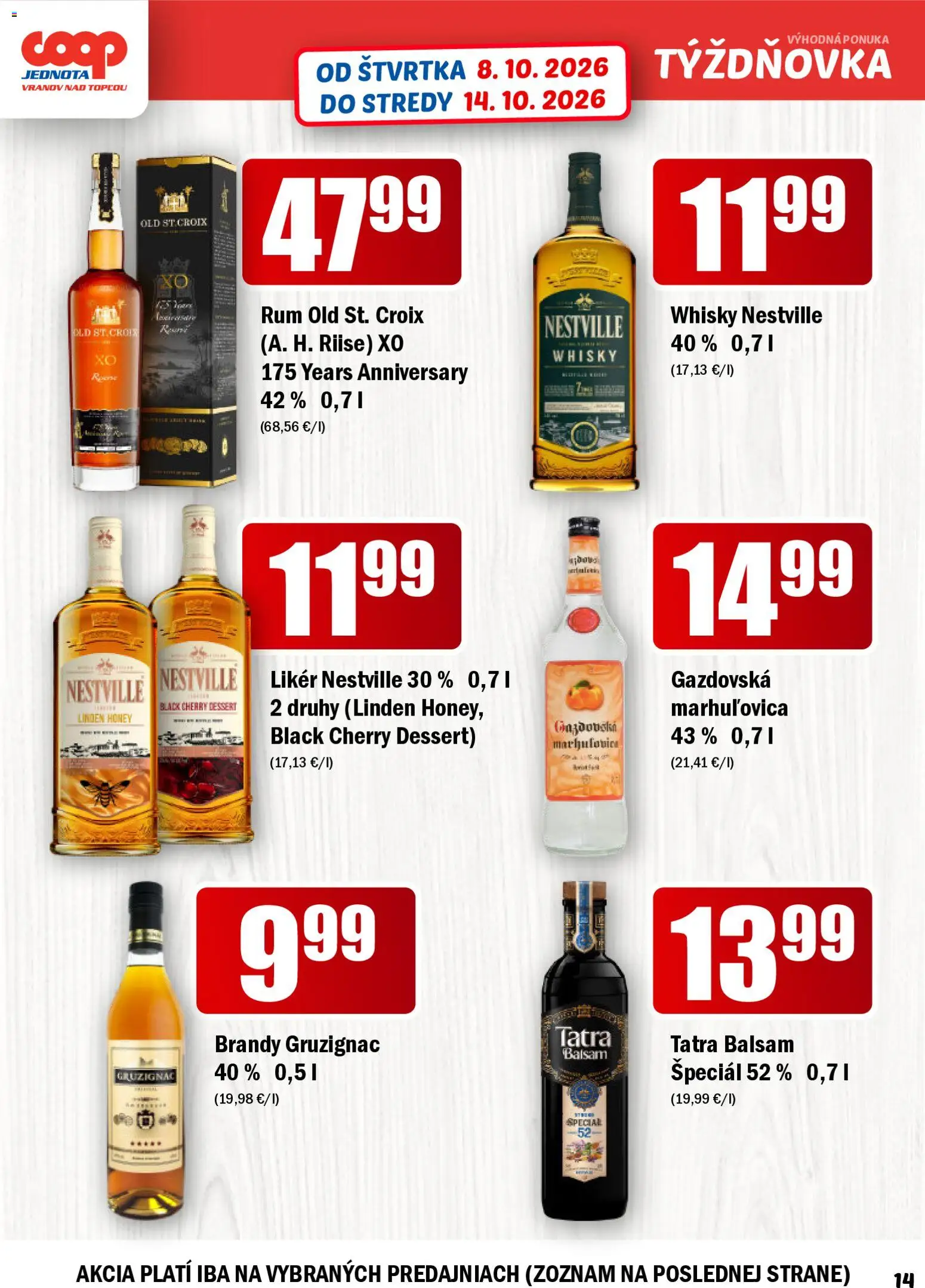 Nové COOP Jednota akcie – leták je platný od 08.10.2026 | Strana: 14 | Produkty: Brandy, Whisky, Rum