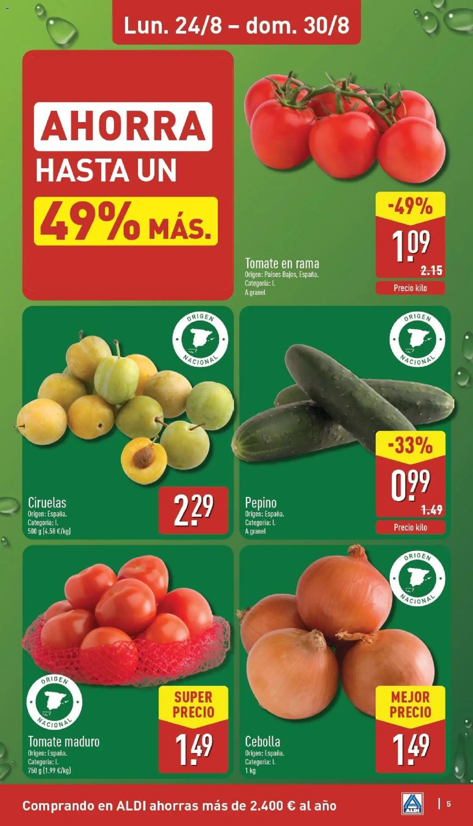 Aldi folleto Península │ válido desde el 24/08/2026 | Página: 5 | Productos: Pepino, Tomate, Cebolla, Ciruelas