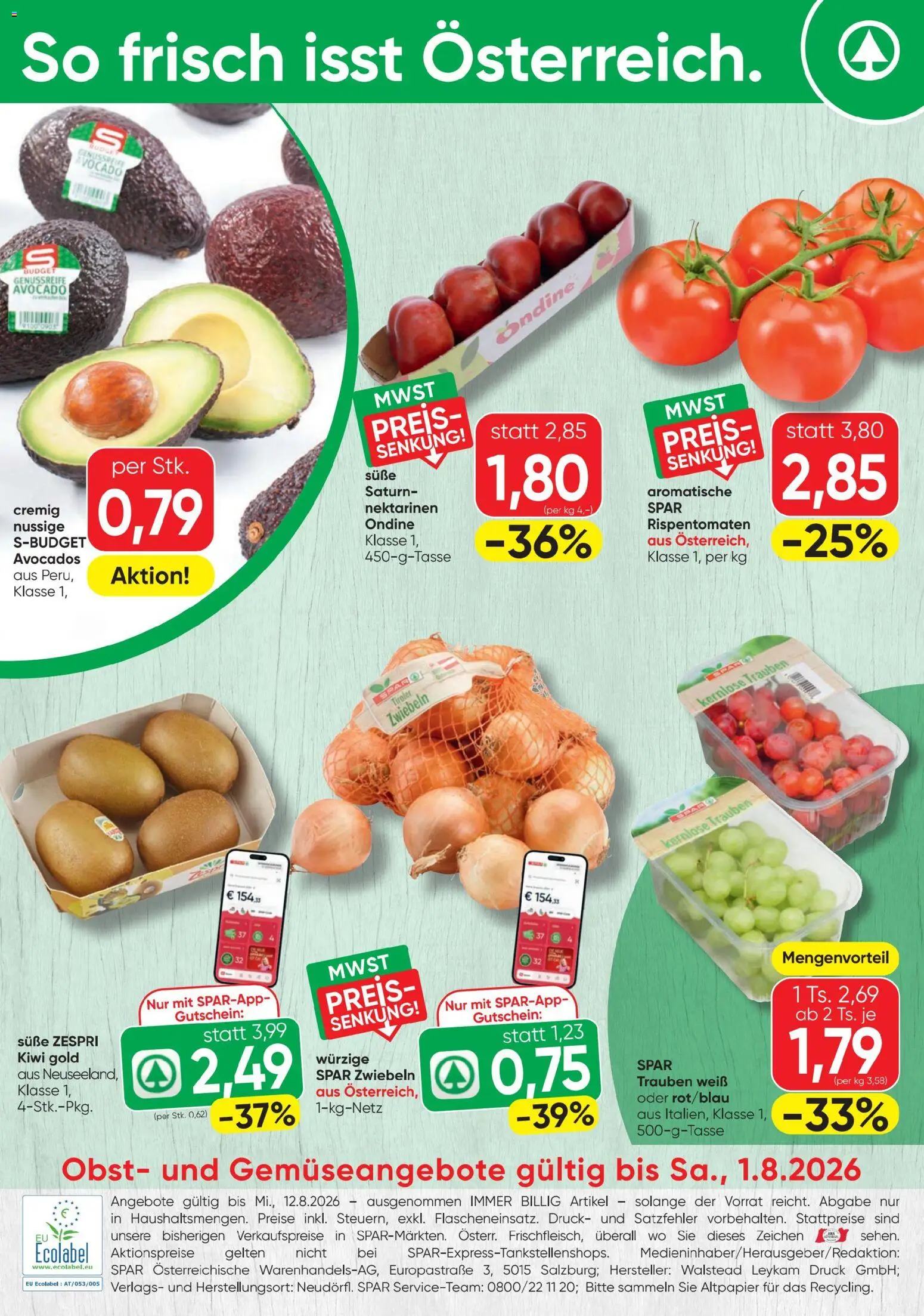 Spar - Flugblatt gültig ab 30.07.2026 | Seite: 20 | Produkte: Kiwi, Avocado, Zwiebeln, Obst