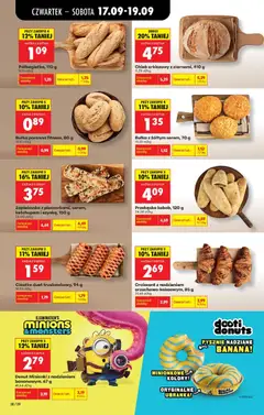 Pogląd oferty "Donut Minionki z nadzieniem bananowym, 67 g, Donut Minionki z nadzieniem bananowym, 67 g" - ważna od 17.09.2026 | Strona: 42 | Produkty: Bułka poranna, Bułka, Donut, Chleb