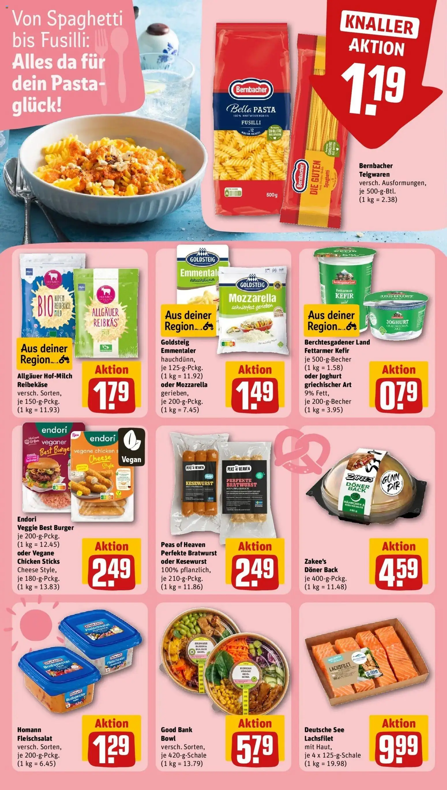Rewe Prospekt Brunnthal – gültig ab 13.07.2026 | Seite: 14 | Produkte: Burger, Pasta, Reis, Reibekase