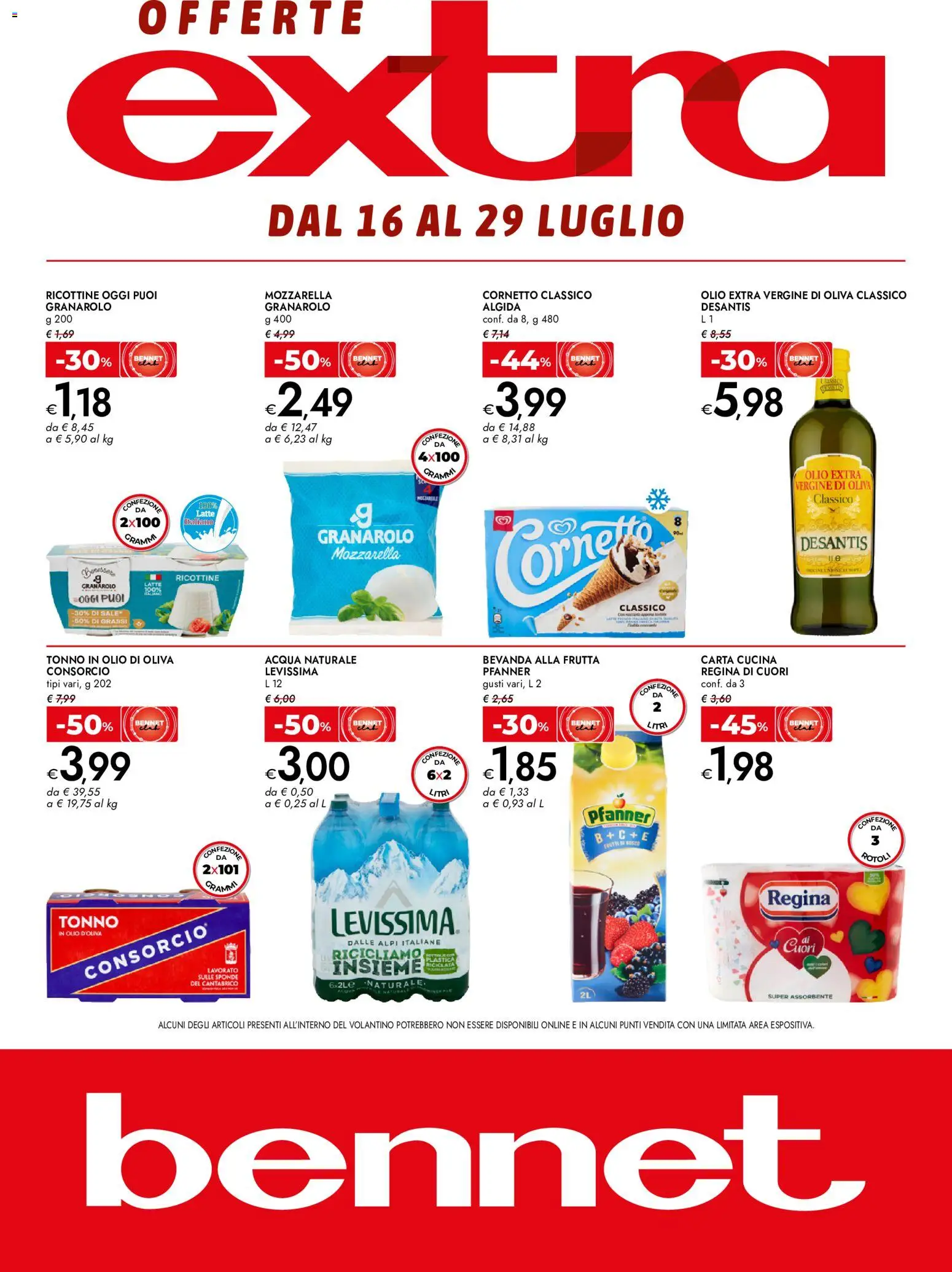Volantino bennet del 16/07/2026 | Pagina: 1 | Prodotti: Cornetto, Tonno, Olio extra vergine, Penne