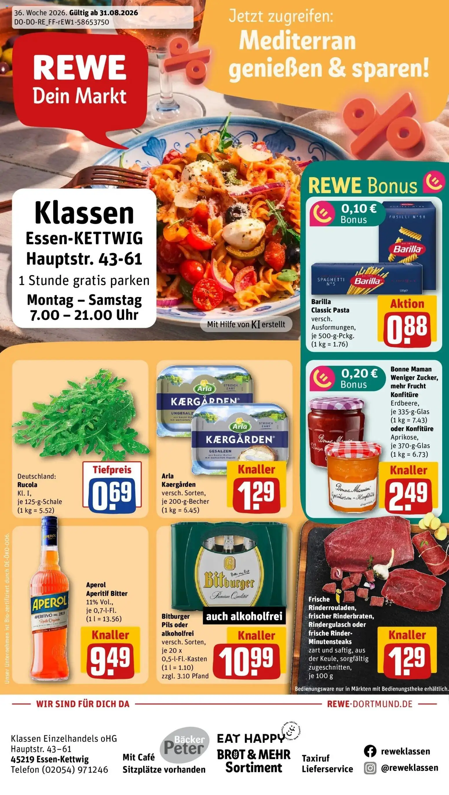 REWE Prospekt ab 31.08.2026 zum Blättern » Angebote | Seite: 1 | Produkte: Rindergulasch, Butter, Rapsöl, Uhr