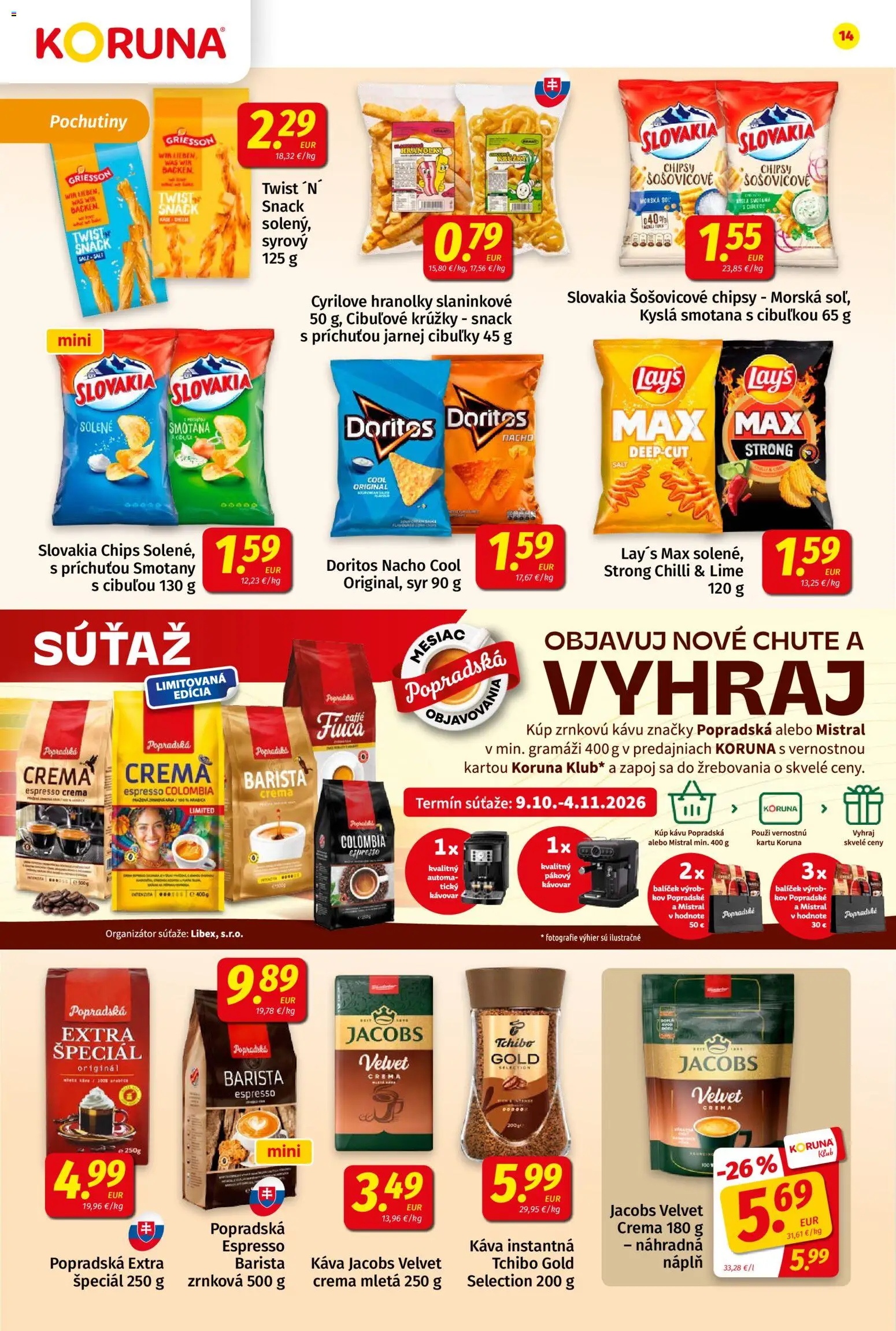 Nové Koruna akcie – leták je platný od 23.10.2026 | Strana: 14 | Produkty: Kávovar, Chilli, Kyslá smotana, Chipsy