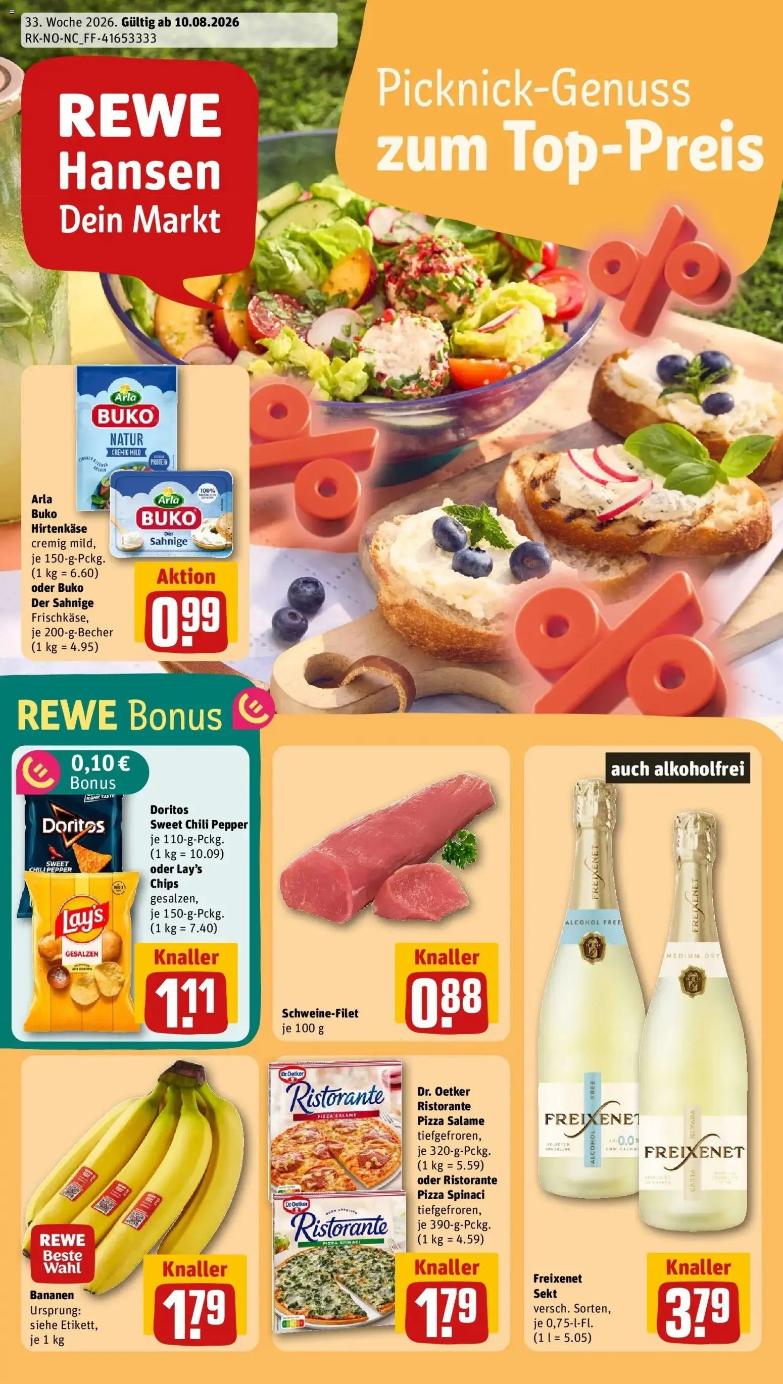 REWE Prospekt ab 10.08.2026 zum Blättern » Angebote | Seite: 1 | Produkte: Sekt, Bananen, Arla buko, Chili