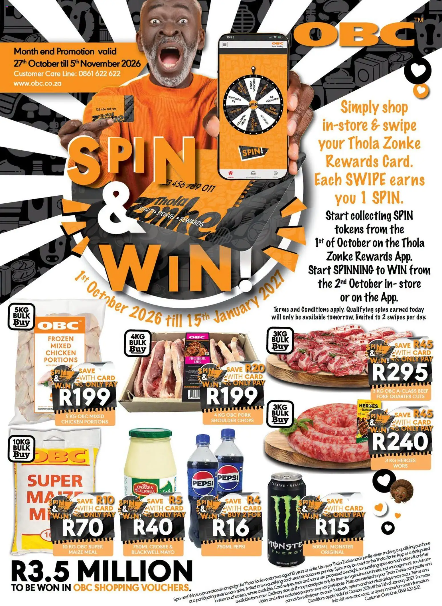 New OBC catalogue – valid from 27/10/2026 | Page: 1 | Products: Maize meal, Pork, Beef, Chips