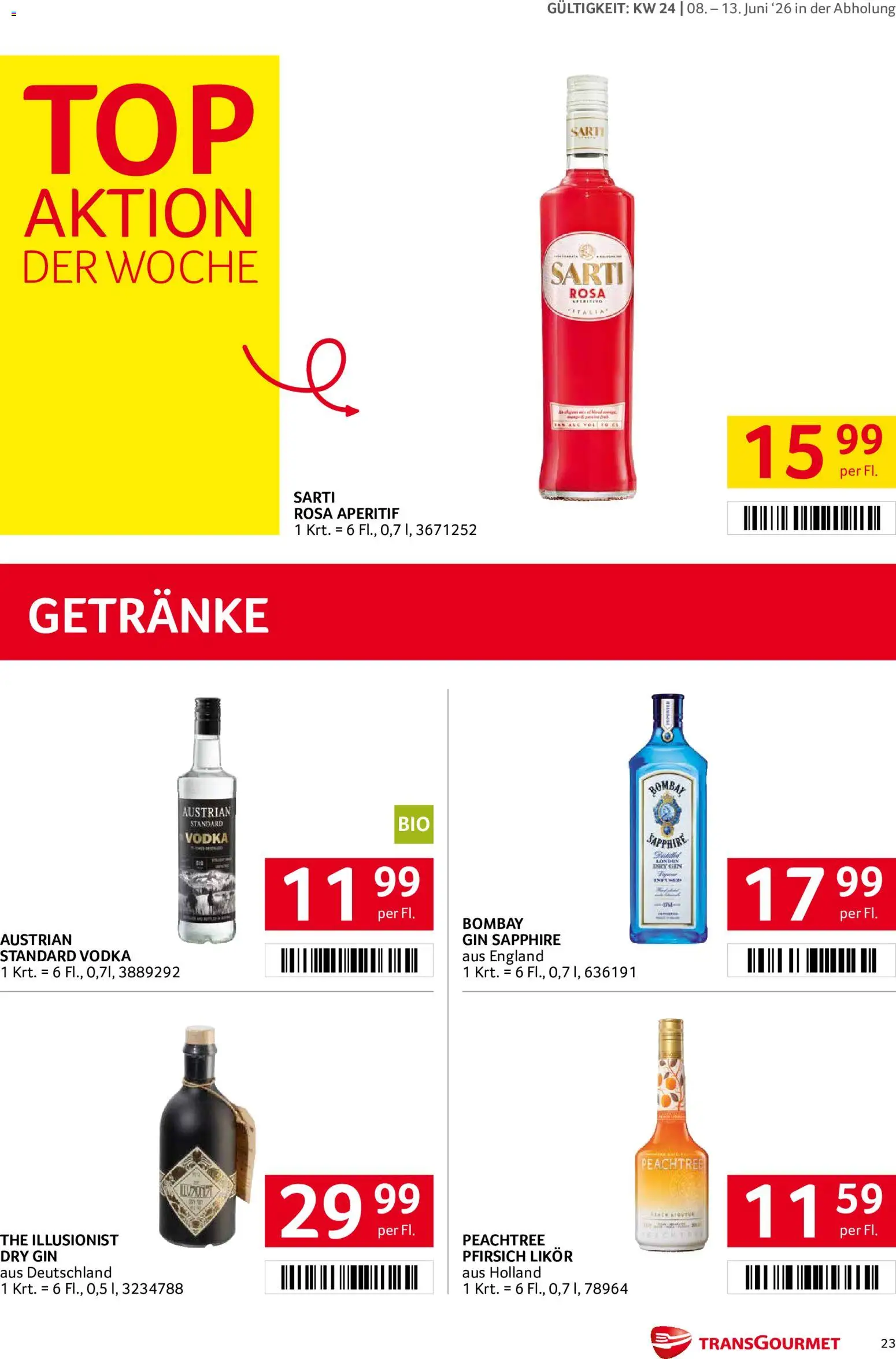 Transgourmet Flugblatt gültig ab 08.06.2026 | Seite: 23 | Produkte: Gin, Pfirsich