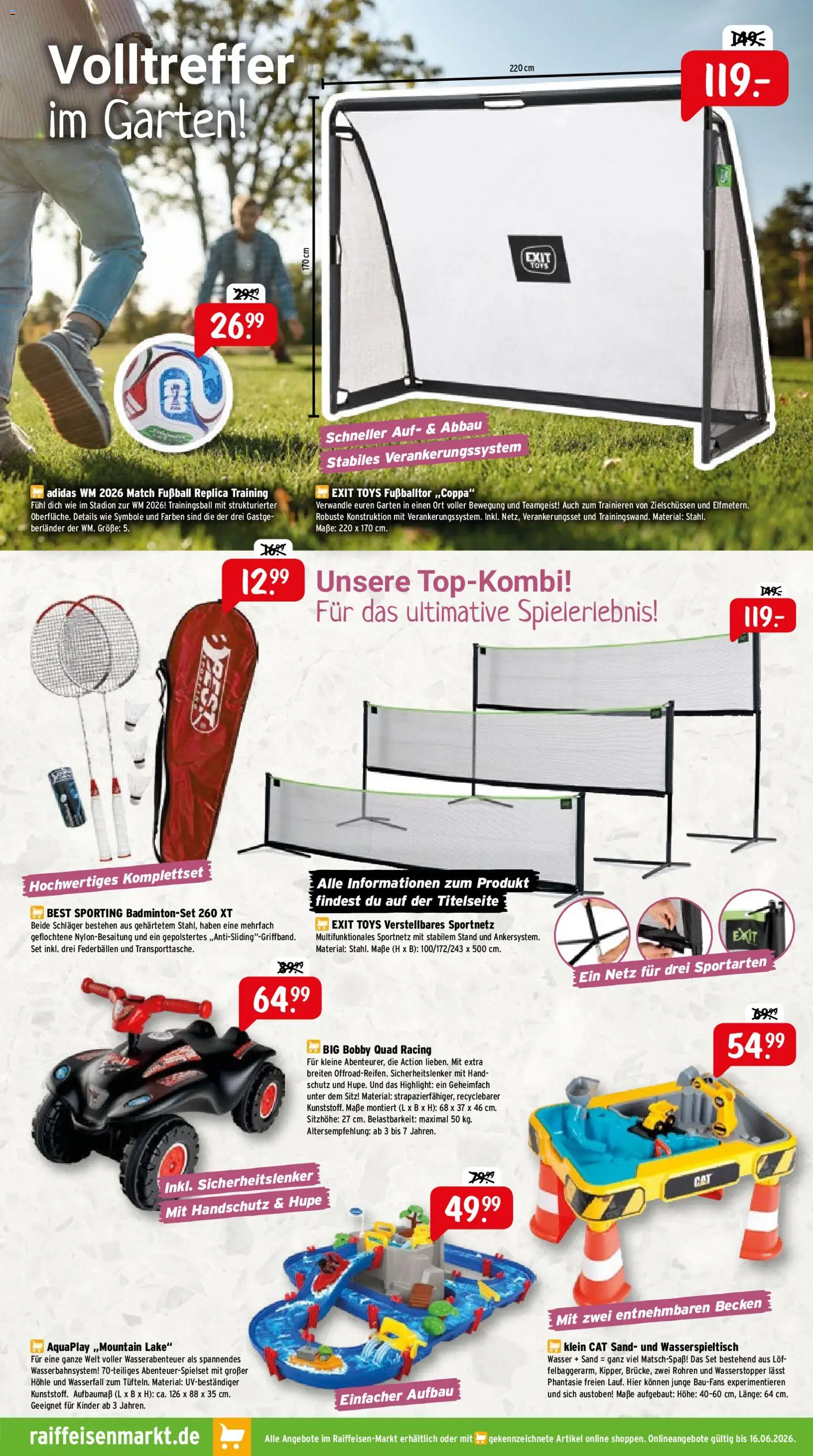 Raiffeisen Markt Prospekt – gültig ab 01.06.2026 | Seite: 3 | Produkte: Fußball, Wasser, Badmintonset