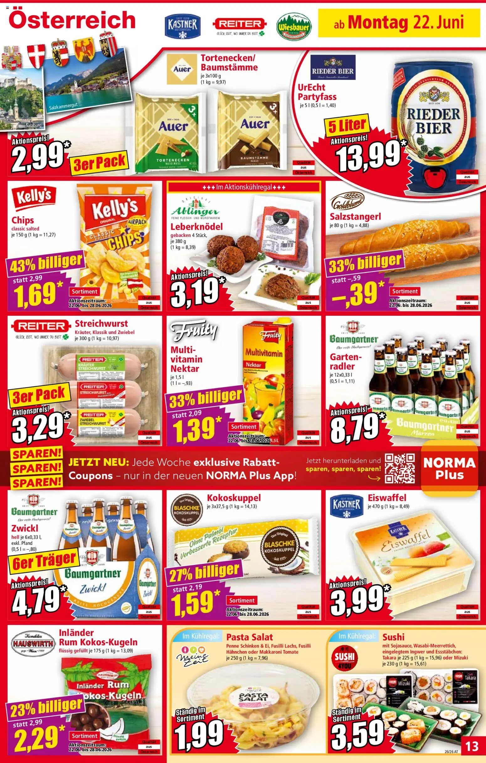 Norma Flugblatt gültig ab 22.06.2026 | Seite: 13 | Produkte: Pasta, Chips, Schinken, Papier blanc