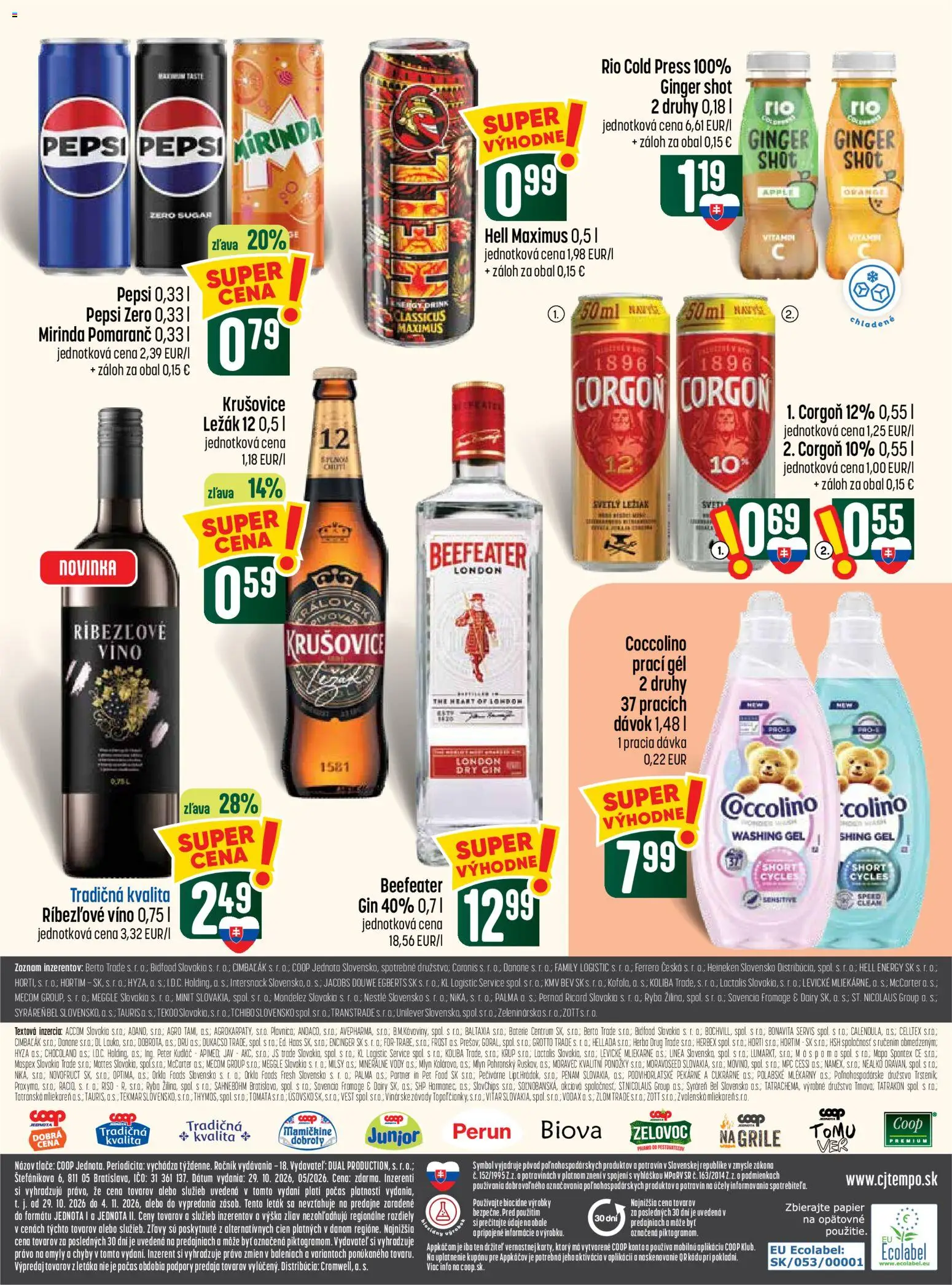 Nové COOP Jednota akcie – leták je platný od 29.10.2026 | Strana: 15 | Produkty: Víno, Prací gél, Ryba, Corgoň