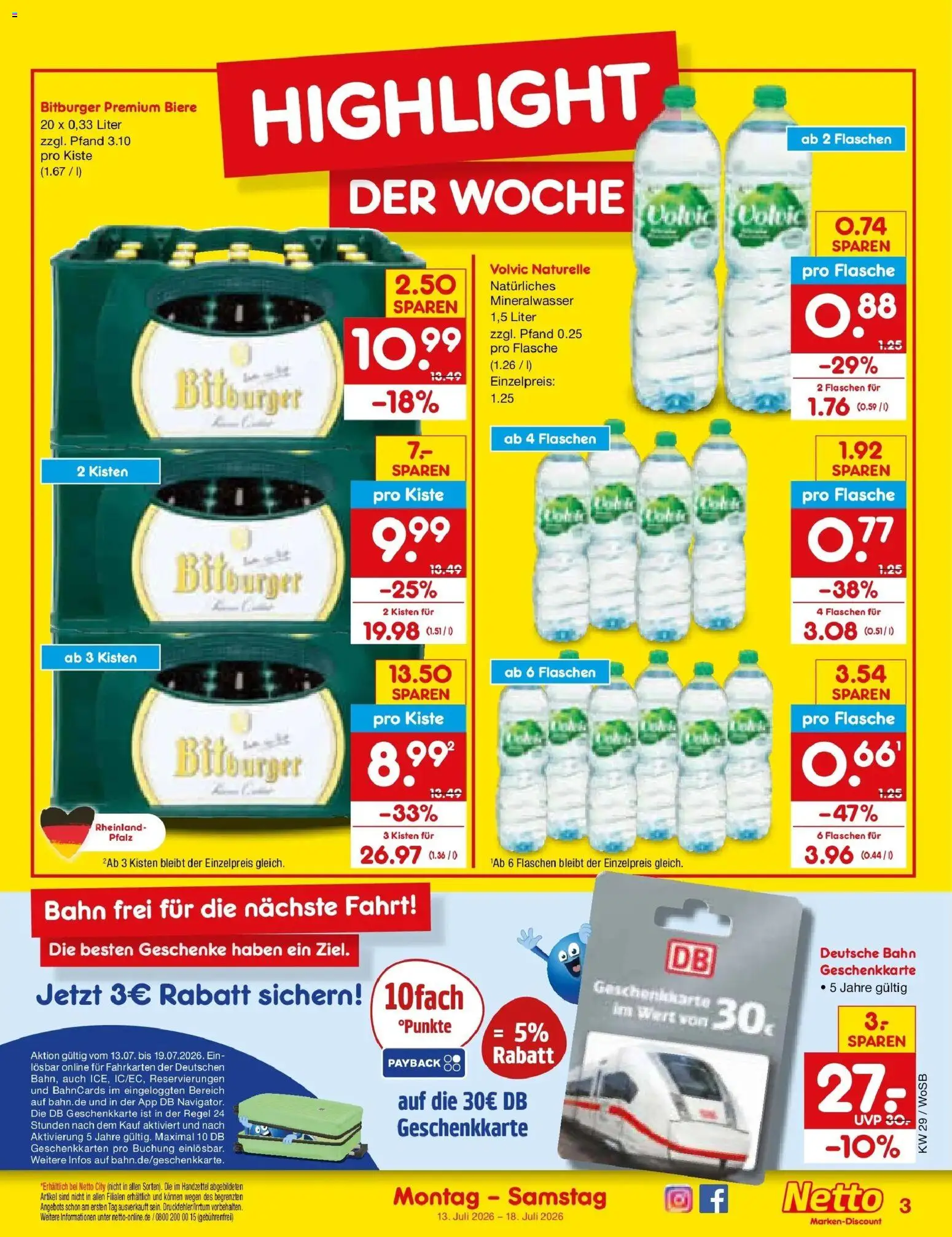 Netto Marken-Discount Prospekt Ludwigshafen-Edigheim – gültig ab 13.07.2026 | Seite: 3 | Produkte: Bitburger, Mineralwasser, Volvic