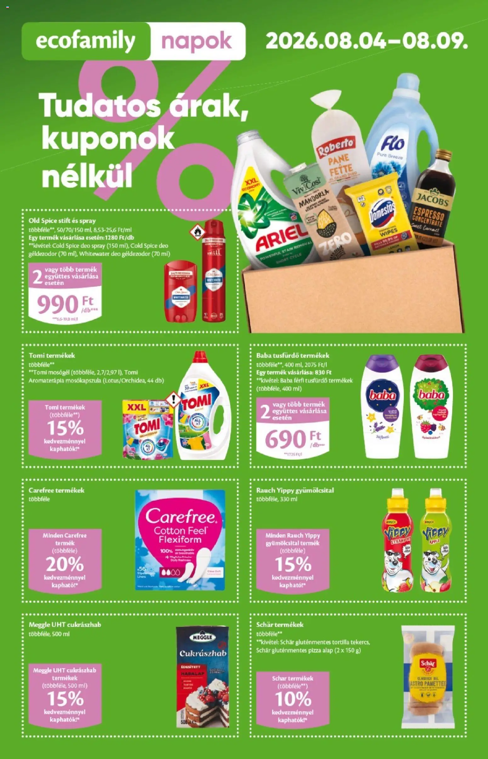 EcoFamily akciós ujság - amely érvényes a következő dátumtól: 2026.08.04. | Oldal: 1 | Termékek: Ariel, Old spice, Tortilla, Mosógél