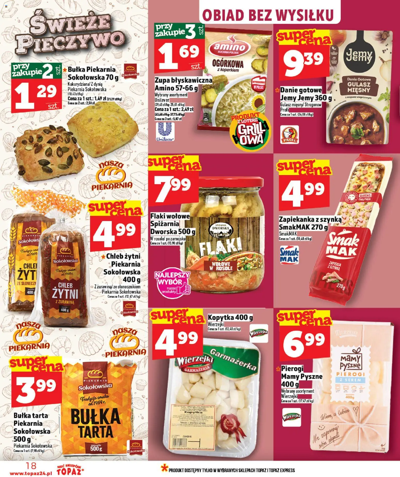 Topaz gazetka - MAZ od 16.04.2026 | Strona: 18 | Produkty: Chleb żytni, Piekarnia, Flaki, Kopytka