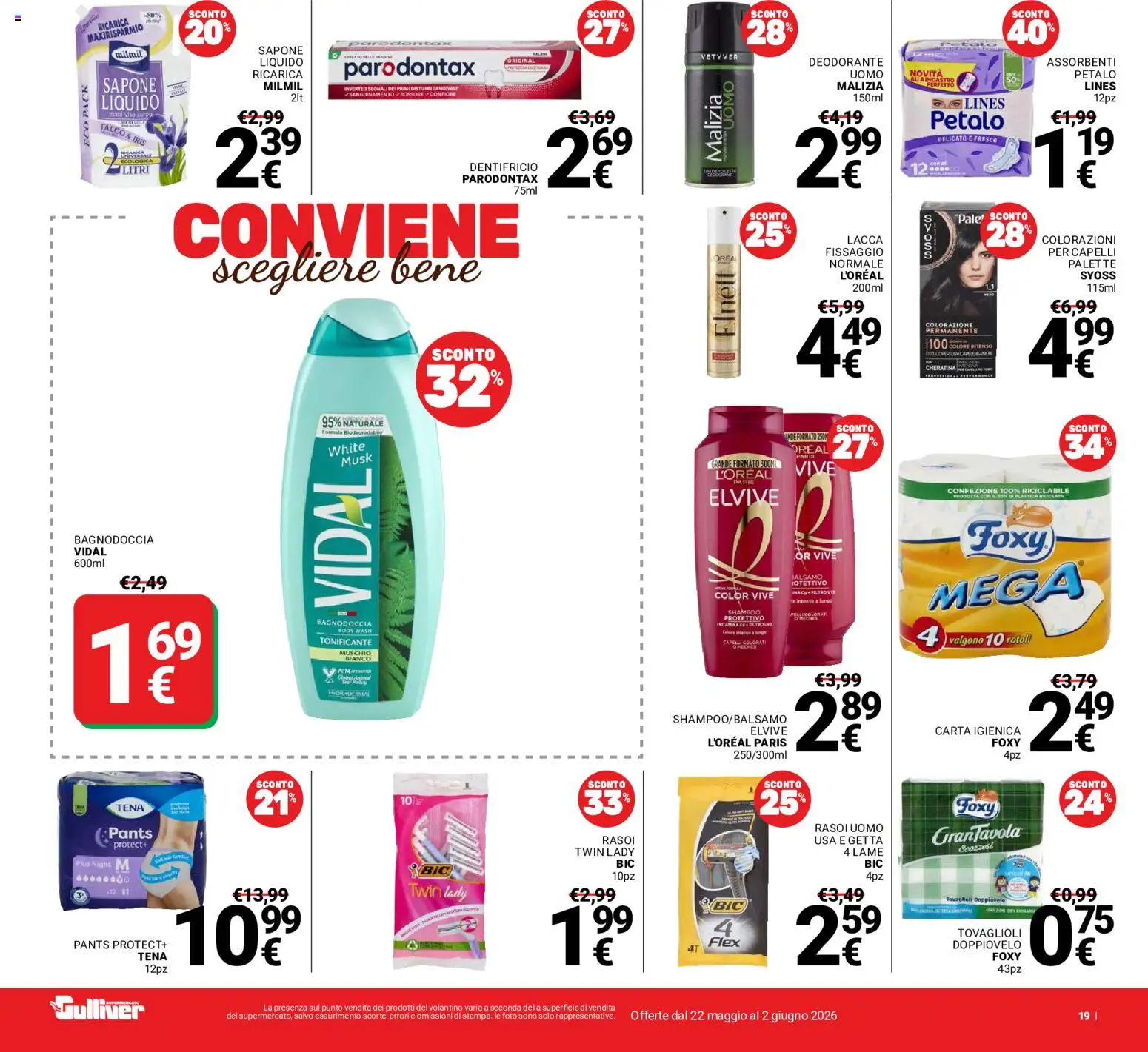 Volantino Gulliver del 22.05.2026 | Pagina: 19 | Prodotti: Shampoo, Carta igienica, Deodorante, Dentifricio