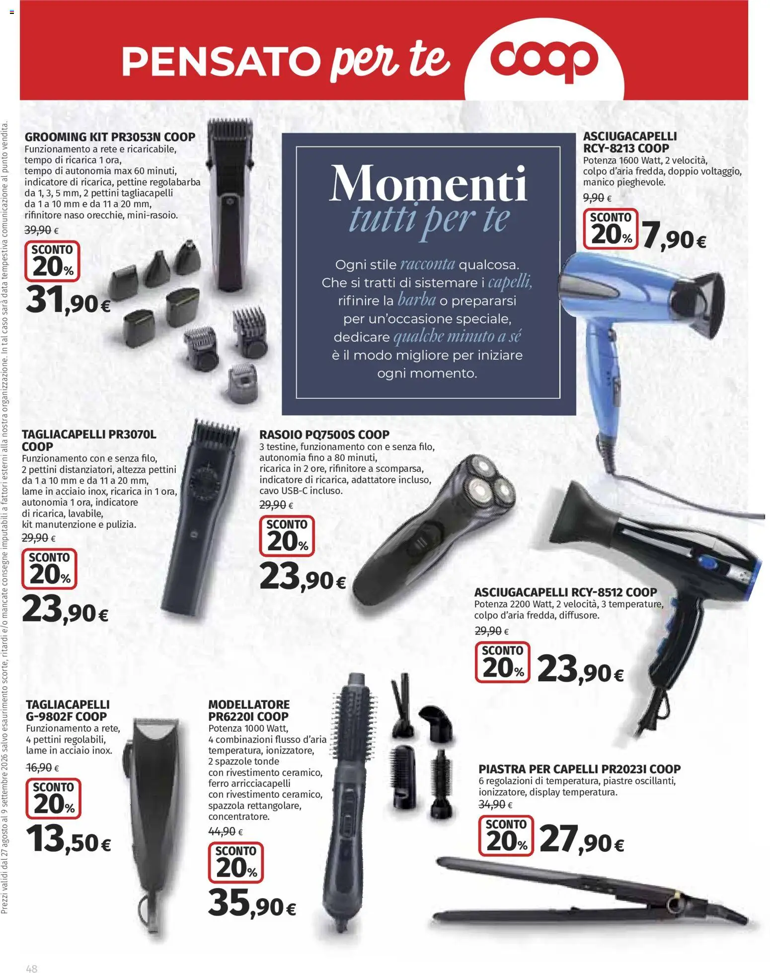 Volantino Ipercoop del 27/08/2026 | Pagina: 48 | Prodotti: Spazzola, Regolabarba, Data, Asciugacapelli