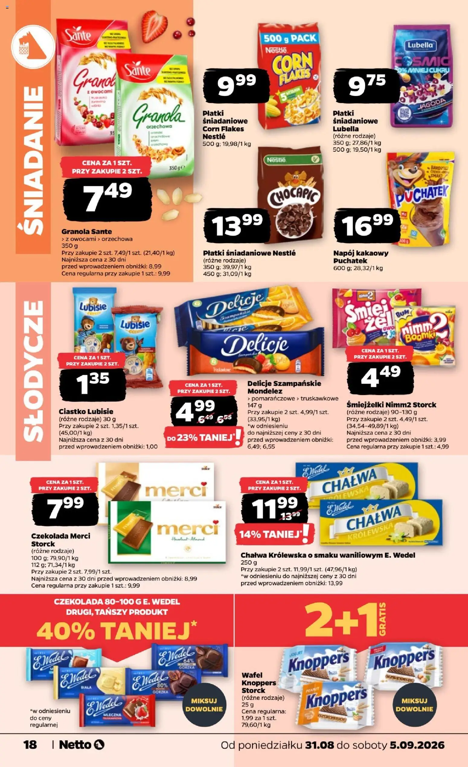 Netto gazetka od poniedziałku od 31.08.2026 | Strona: 18 | Produkty: Granola, Granola Sante, Płatki, Corn Flakes
