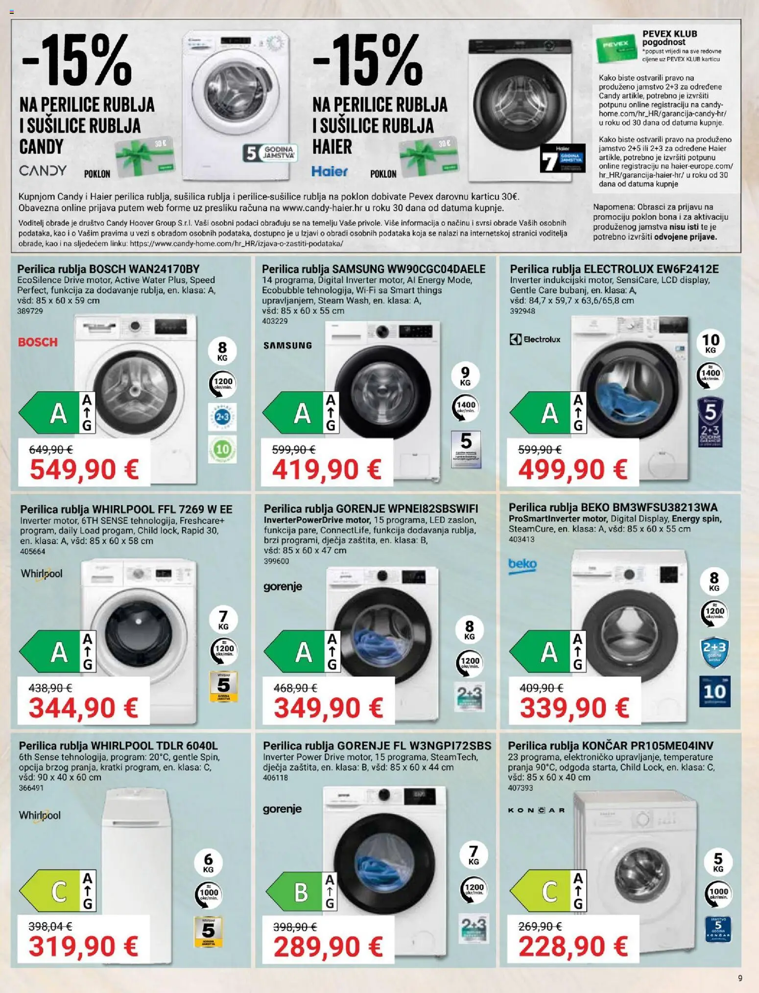 Pevex katalog | vrijedi od 03.04.2026 | Stranica: 9 | Proizvodi: Perilice rublja, Perilica rublja, Sušilica