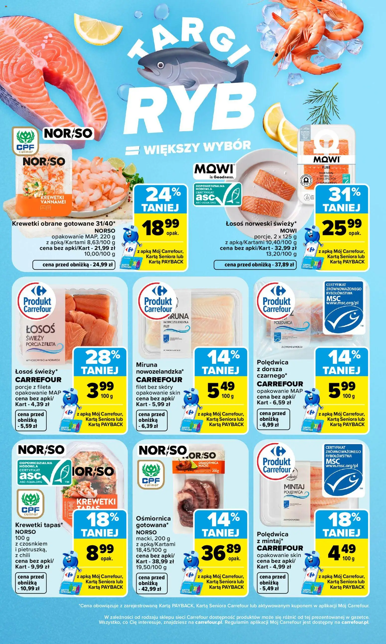 Carrefour gazetka - Weź to na świeżo od 12.10.2026 | Strona: 4 | Produkty: Krewetki obrane, Miruna, Łosoś świeży, Mintaj