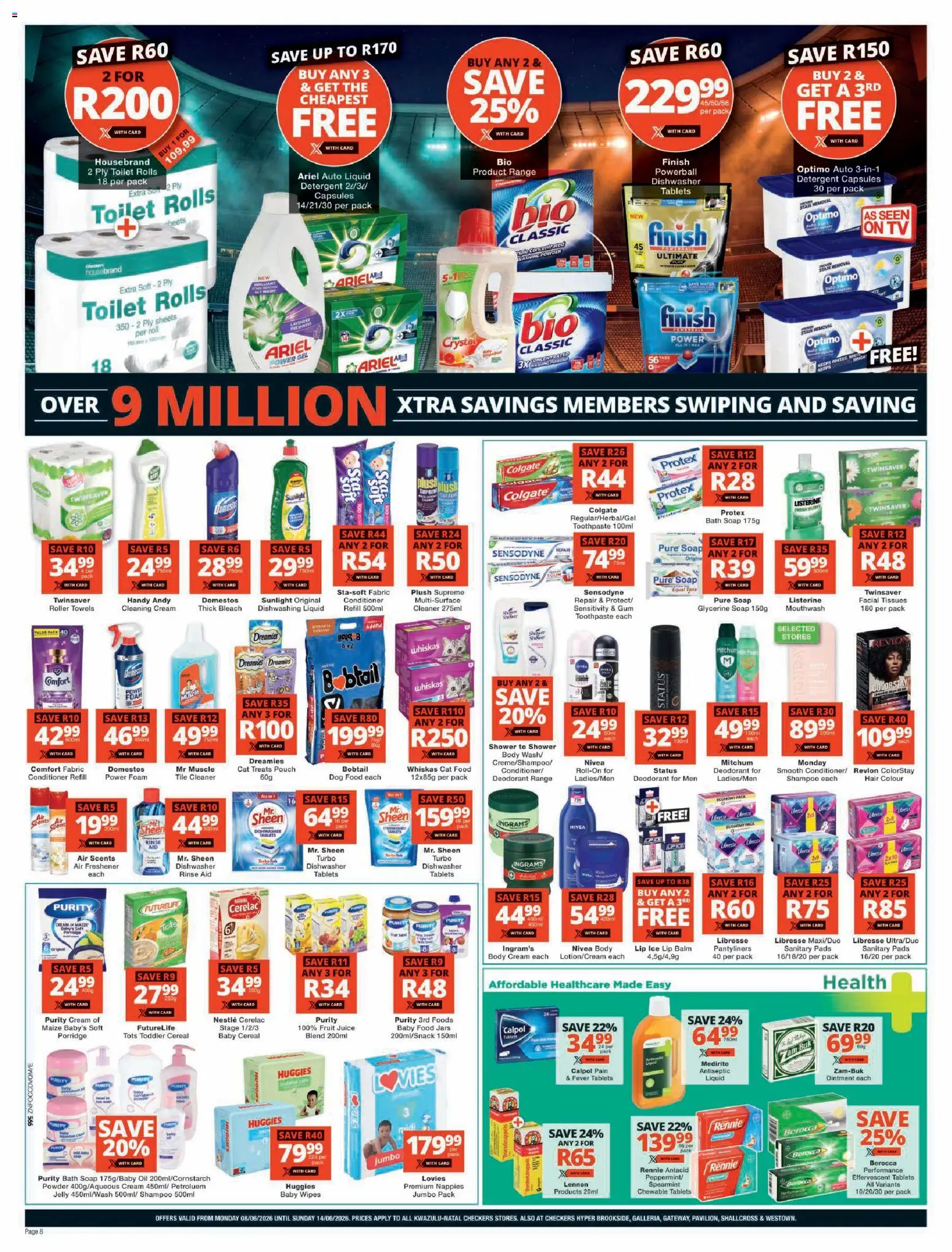New Checkers catalogue – valid from 08.06.2026 | Page: 8 | Products: Body cream, Deodorant, Nappies, Dog food