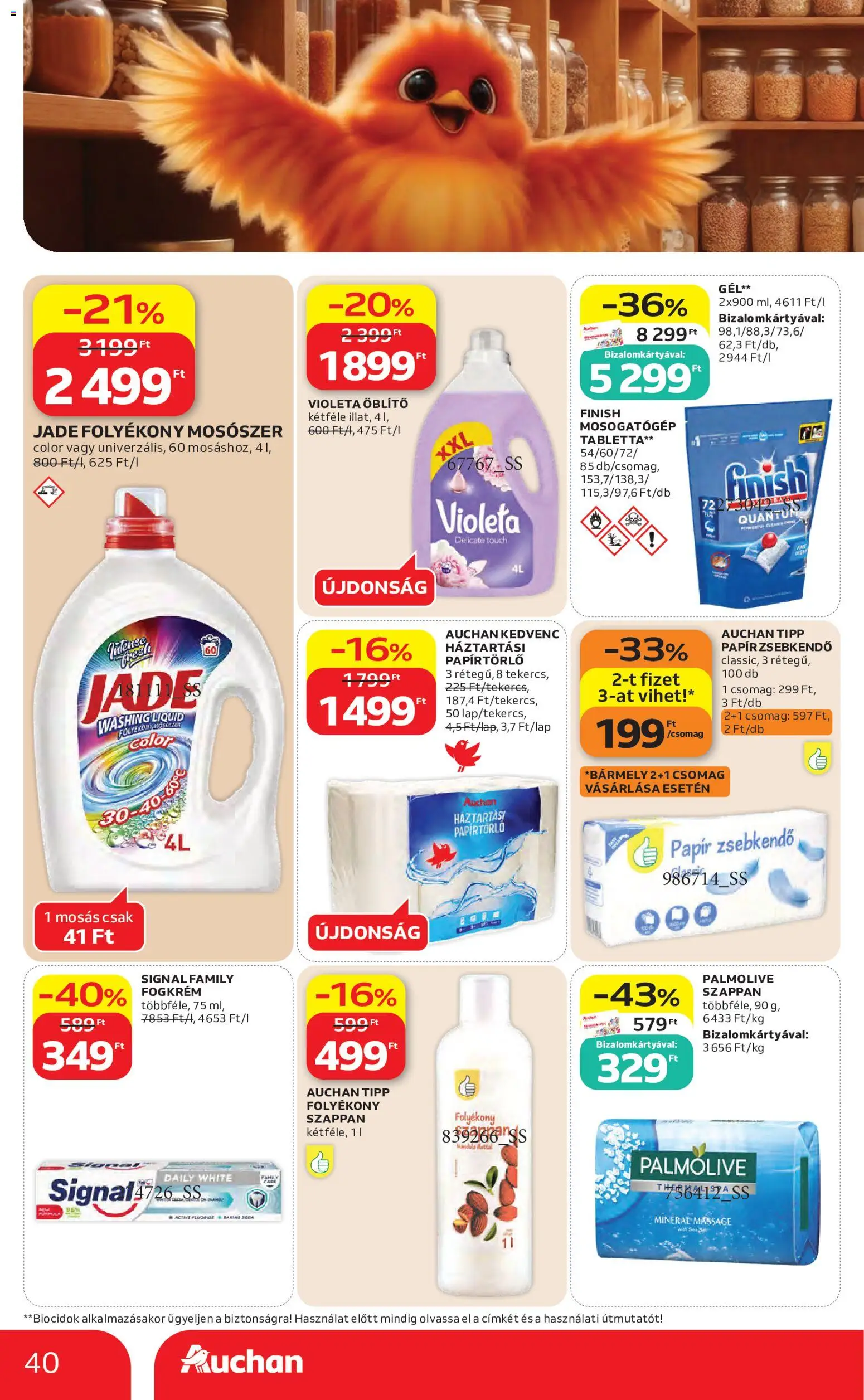 Auchan akciós ujság - amely érvényes a következő dátumtól: 2026.08.27. | Oldal: 40 | Termékek: Papírtörlő, Palmolive, Papír zsebkendő, Finish