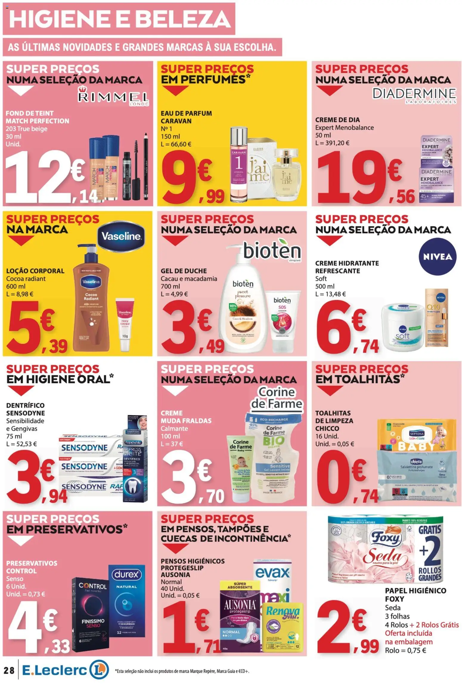 E.Leclerc folheto │ válido de 29/10/2026 | Página: 28 | Produtos: Perfumes, Pensos higiénicos, Higiene oral, Cacau